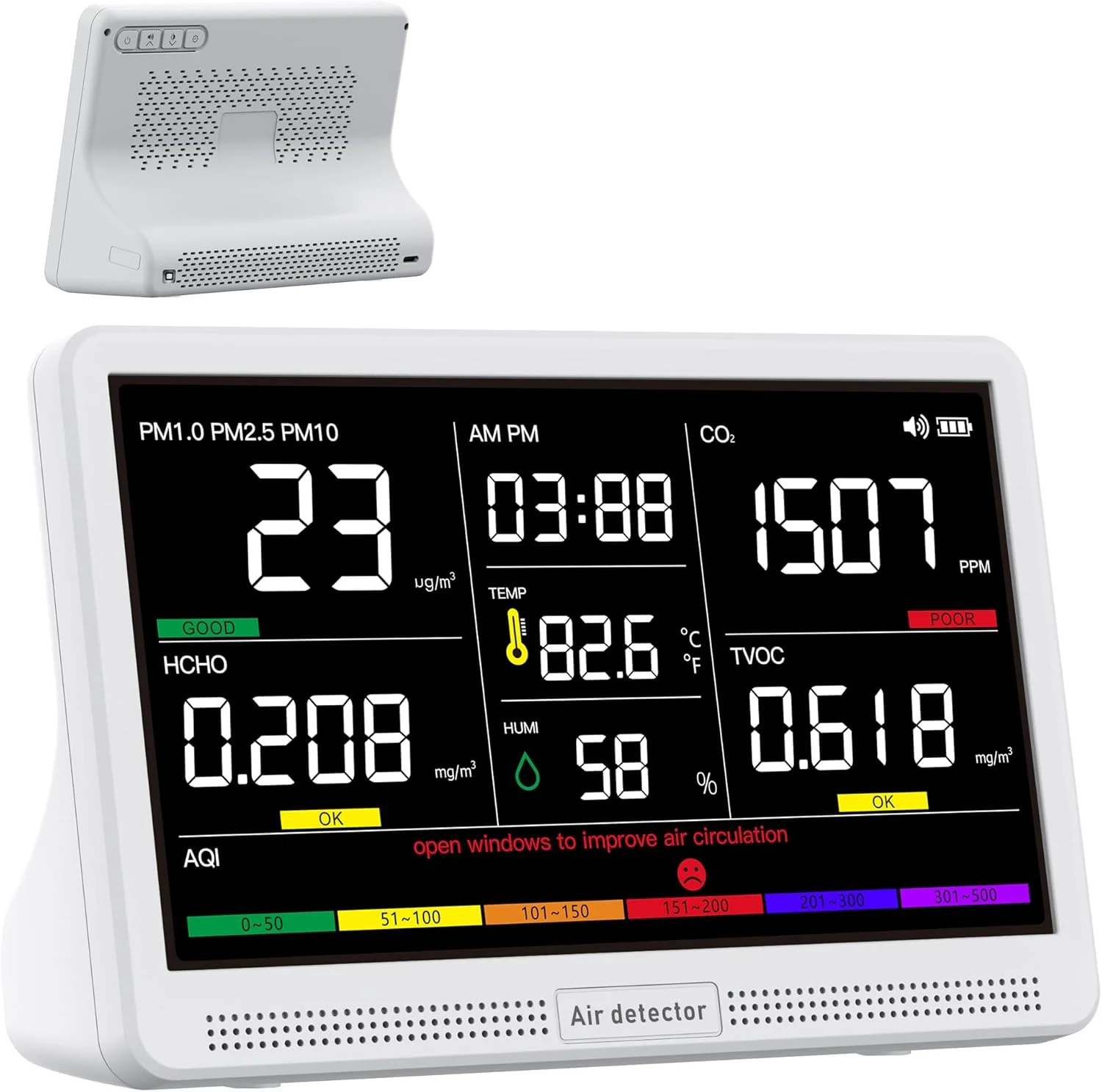 دستگاه سنجش کیفیت هوای 16 در 1 بونوچ، مناسب فضای داخلی، دارای صفحه نمایش 7 اینچی، 9 شاخص AQI + 7 هشدار AQI، اندازه گیری CO2، TVOC، PM2.5، PM1.0، PM10، HCHO، دما، رطوبت، AQI و زمان - سفید