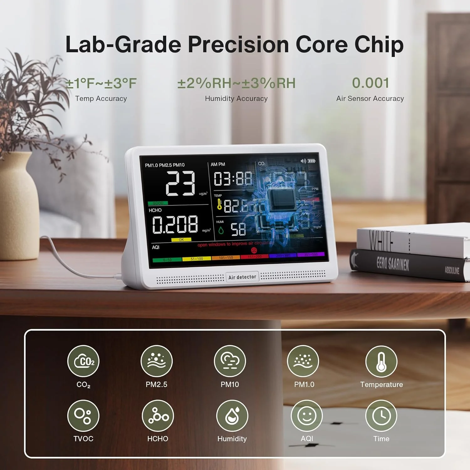 دستگاه سنجش کیفیت هوای 16 در 1 بونوچ، مناسب فضای داخلی، دارای صفحه نمایش 7 اینچی، 9 شاخص AQI + 7 هشدار AQI، اندازه گیری CO2، TVOC، PM2.5، PM1.0، PM10، HCHO، دما، رطوبت، AQI و زمان - سفید