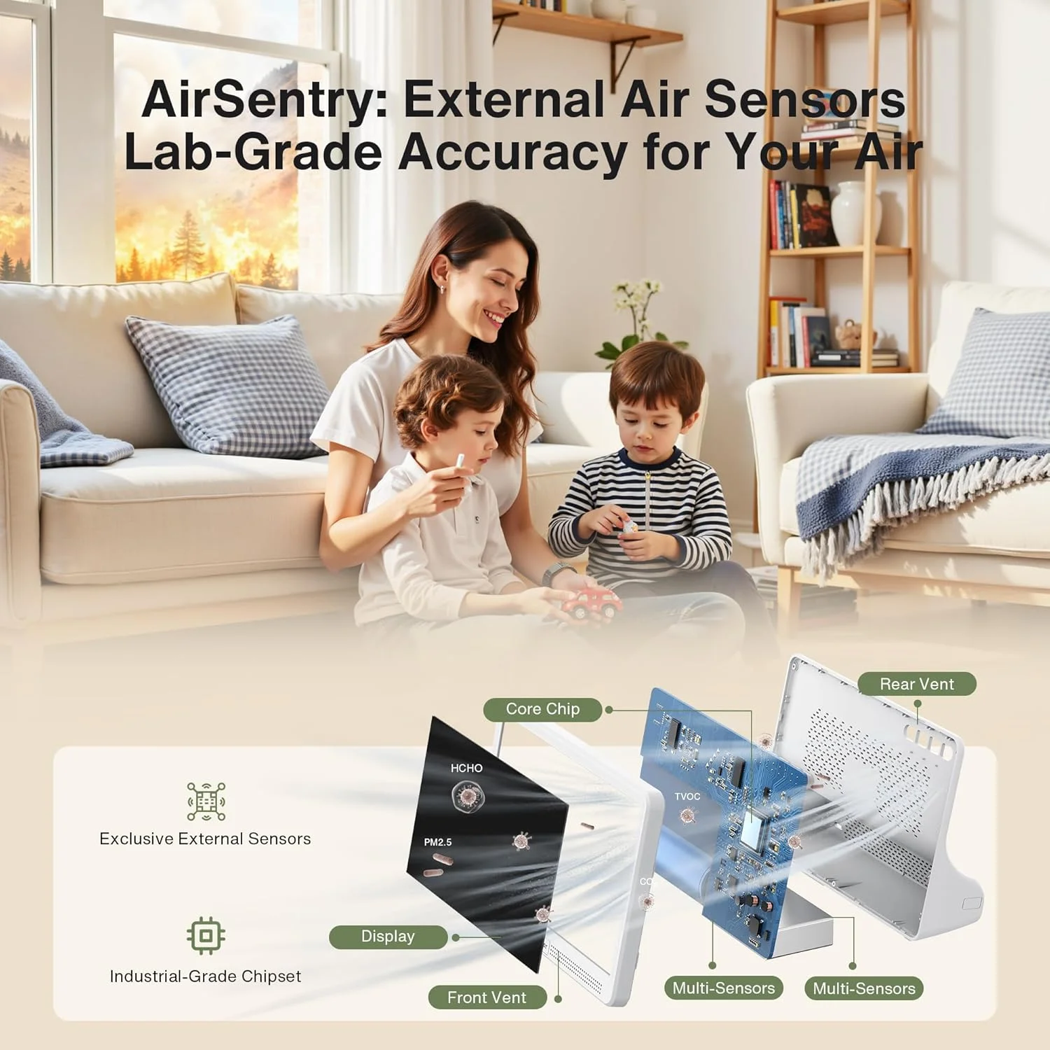 دستگاه سنجش کیفیت هوای 16 در 1 بونوچ، مناسب فضای داخلی، دارای صفحه نمایش 7 اینچی، 9 شاخص AQI + 7 هشدار AQI، اندازه گیری CO2، TVOC، PM2.5، PM1.0، PM10، HCHO، دما، رطوبت، AQI و زمان - سفید