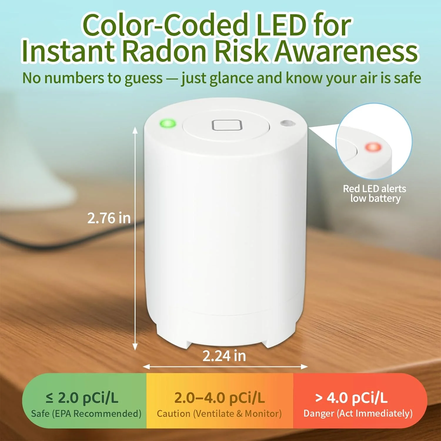 دستگاه تشخیص رادون بلوتوثی برای خانه، سنسور با دقت بالا، نظارت بر گاز رادون در زمان واقعی، داده های کوتاه مدت و بلند مدت با نمودارهای روند، کنترل برنامه، باتری قابل شارژ، هشدارهای LED