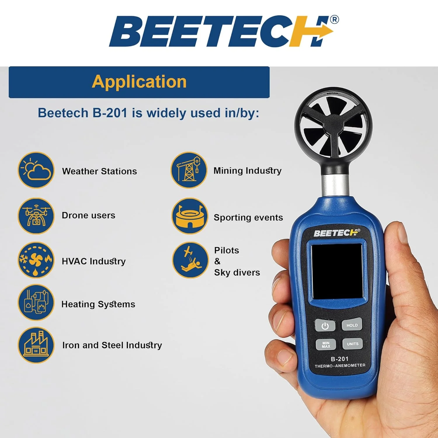 بادسنج بی تِک مدل B-201، محدوده 0.4 تا 30 متر بر ثانیه، واحدهای قابل اندازه گیری شامل متر بر ثانیه، فوت بر دقیقه، مایل بر ساعت، کیلومتر بر ساعت، گره دریایی، اندازه گیری دمای محیط با صفحه نمایش LCD رنگی، دارای گواهینامه CE و RoHS.