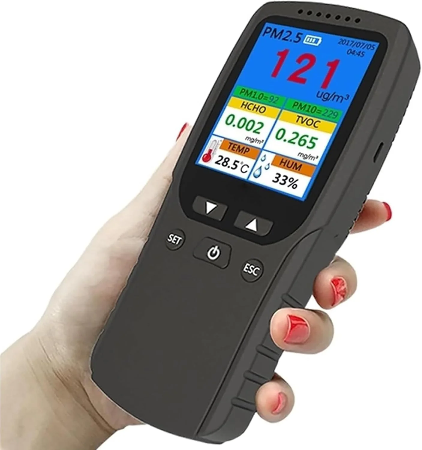 دستگاه تشخیص فرمالدئید BACTI، مانیتور کیفیت هوا 8 در 1، فناوری حسگر PM2.5، صفحه نمایش بزرگ، نمایش زمان واقعی و کاربری آسان