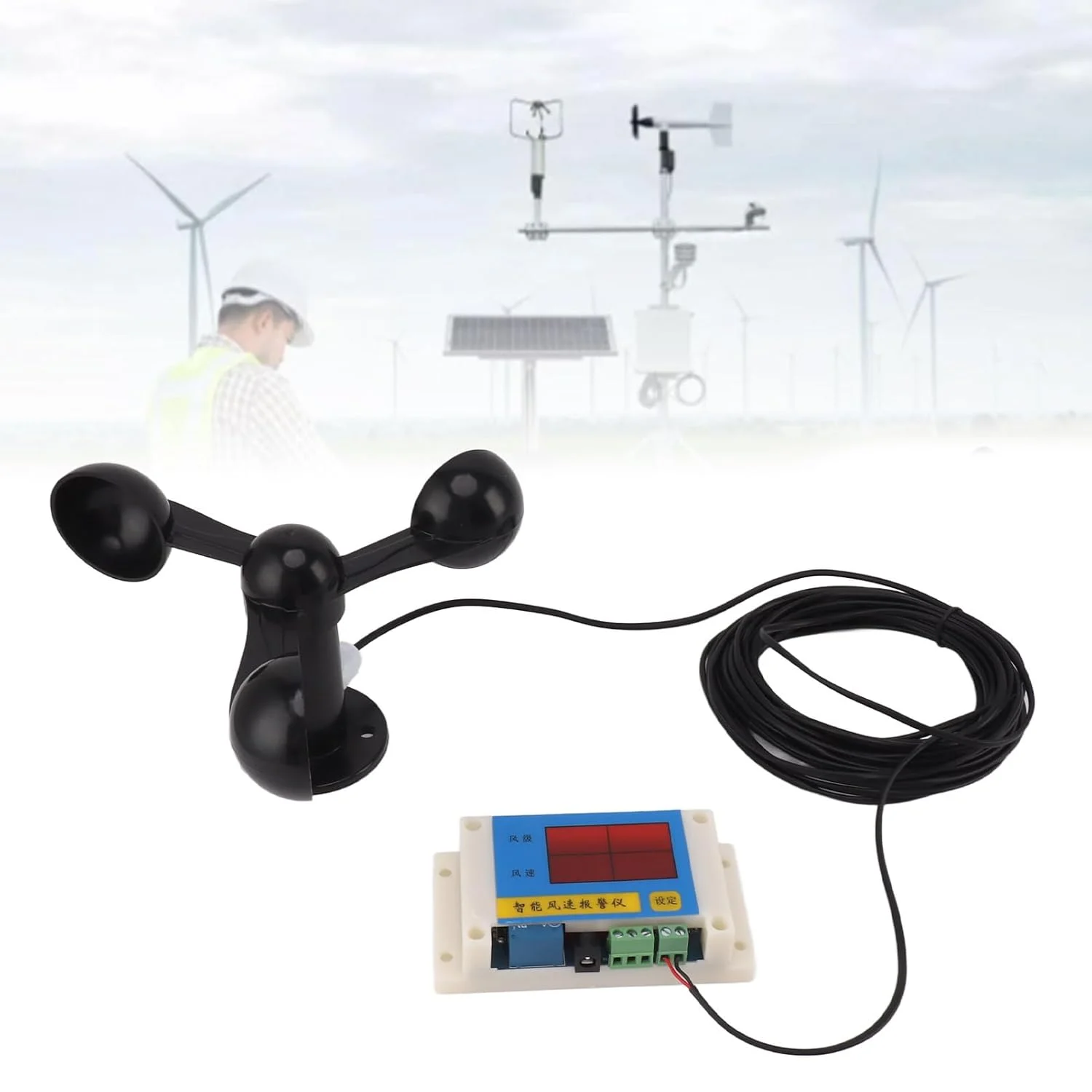 بادسنج BAOFUYA، بادسنج جرثقیل برجی 3 پره USB 5V، دستگاه هشدار سرعت باد با دقت بالا، دارای عملکرد حافظه قطع برق