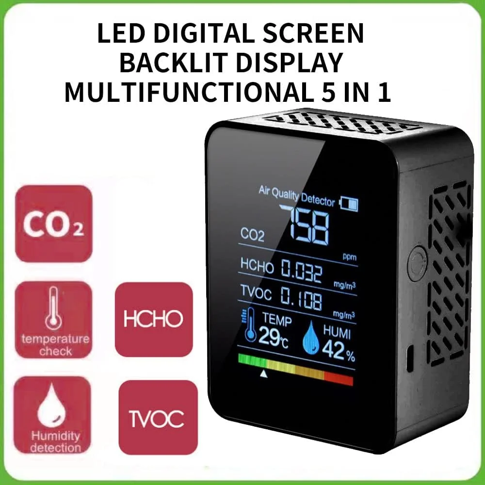 دستگاه تشخیص دی اکسید کربن Bekasa، دستگاه تشخیص کیفیت هوا 5 در 1، دستگاه سنجش CO2 داخلی، مانیتور دیجیتال TVOC HCHO، تستر سنسور دما و رطوبت، صفحه نمایش رنگی با نور پس زمینه برای خانه، دفتر، باشگاه (مشکی)