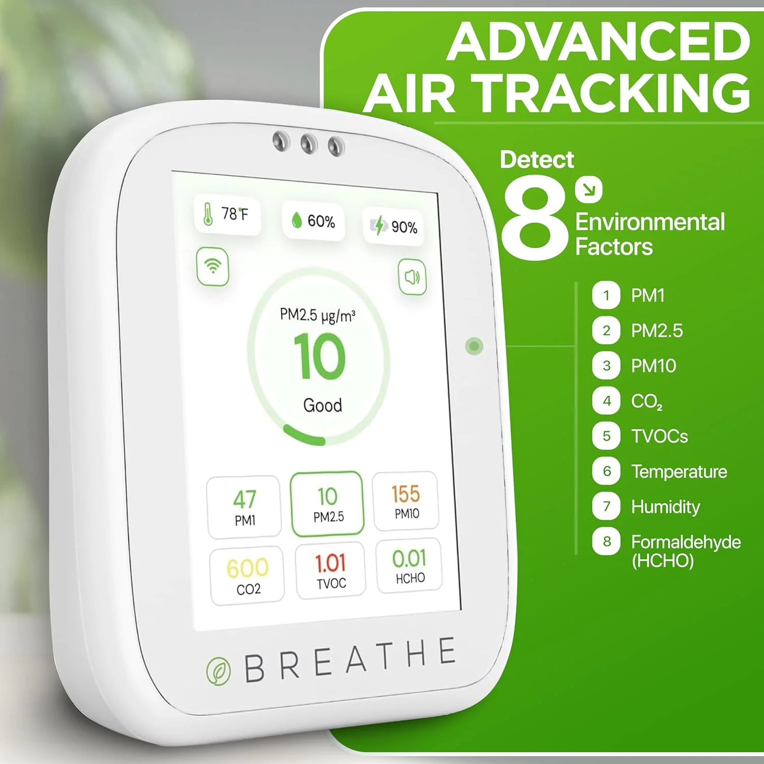 دستگاه سنجش کیفیت هوای هوشمند BREATHE Airmonitor Plus - دستگاه 8 در 1 سنجش CO2، ردیاب فرمالدئید، دستگاه سنجش VOC، PM1/2.5/10، دما و رطوبت - تستر کیفیت هوا برای خانه با اپلیکیشن