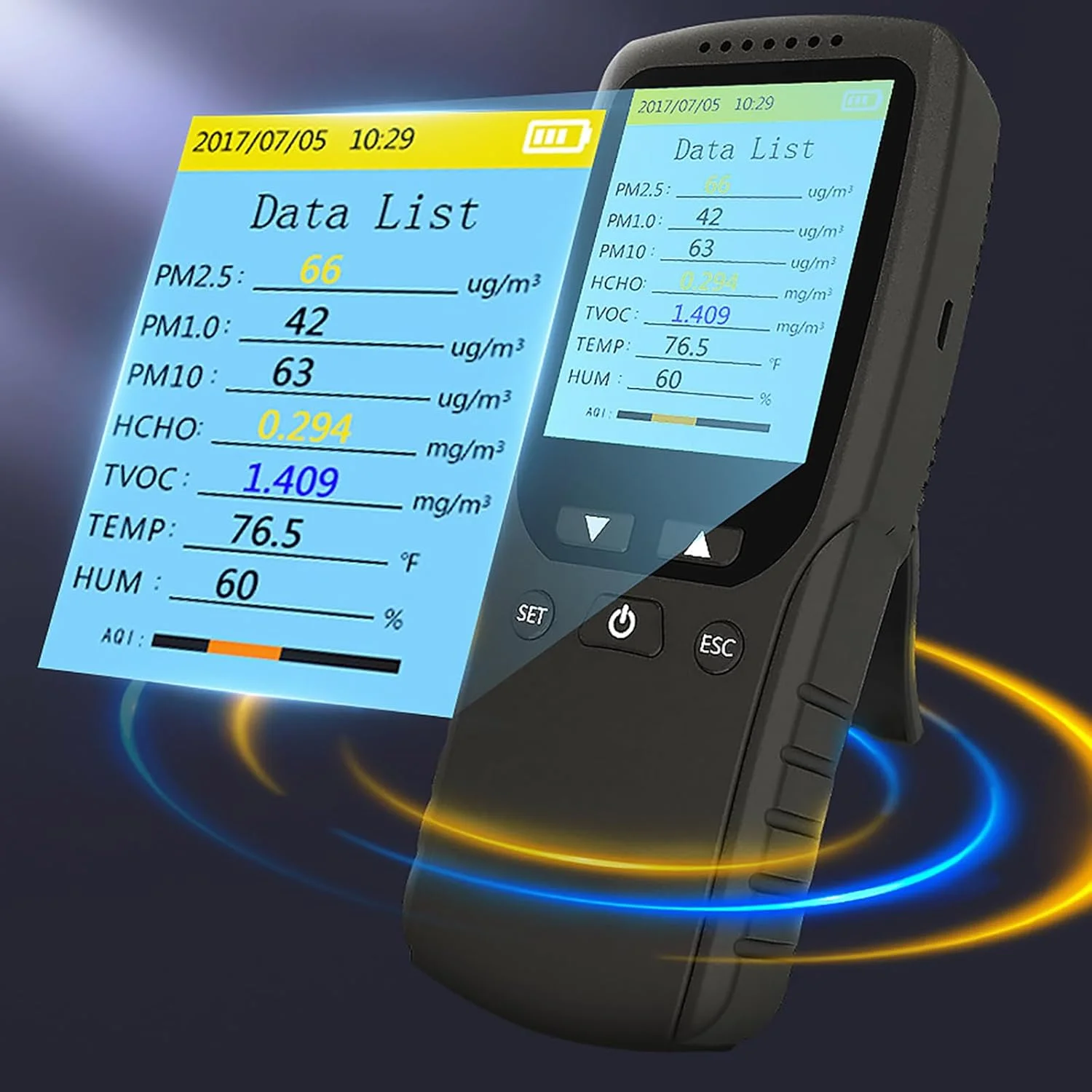 دستگاه تشخیص فرمالدئید BACTI، مانیتور کیفیت هوا 8 در 1، فناوری حسگر PM2.5، صفحه نمایش بزرگ، نمایش زمان واقعی و کاربری آسان