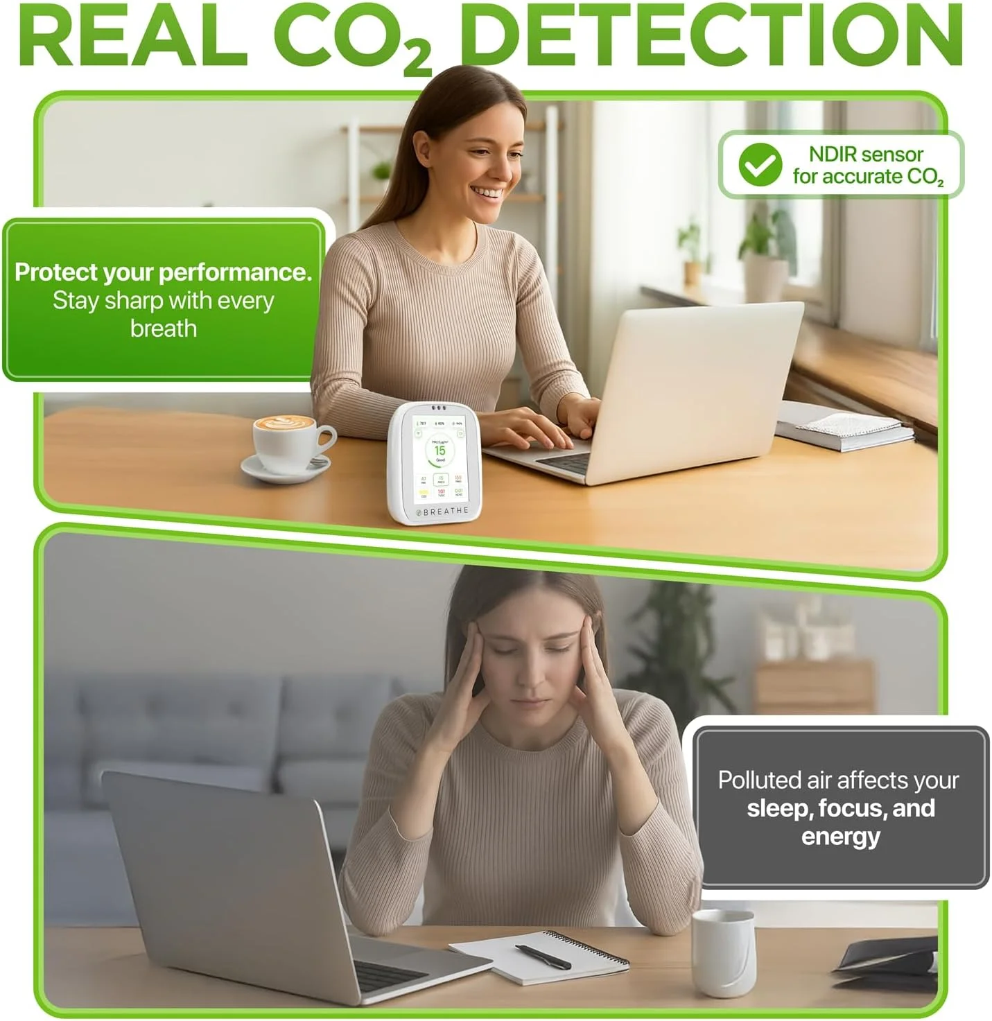 دستگاه سنجش کیفیت هوای هوشمند BREATHE Airmonitor Plus - دستگاه 8 در 1 سنجش CO2، ردیاب فرمالدئید، دستگاه سنجش VOC، PM1/2.5/10، دما و رطوبت - تستر کیفیت هوا برای خانه با اپلیکیشن