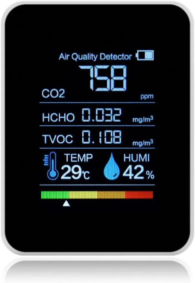 دستگاه تشخیص دی اکسید کربن Bekasa، دستگاه تشخیص کیفیت هوا 5 در 1، دستگاه سنجش CO2 داخلی، مانیتور دیجیتال TVOC HCHO، تستر سنسور دما و رطوبت، صفحه نمایش رنگی با نور پس زمینه برای خانه، دفتر، باشگاه ورزشی (سفید)