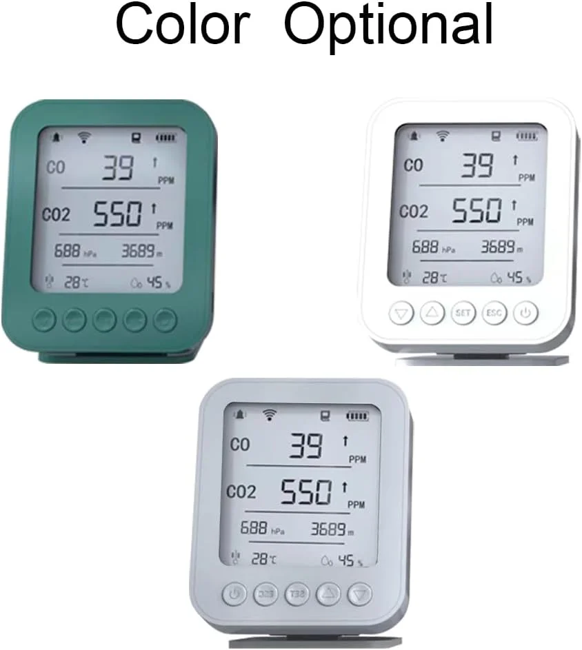 دستگاه 6 در 1 با کیفیت، دارای صفحه نمایش ال سی دی 5 اینچی، کنترل از طریق اپلیکیشن BT Tuya، سنجش CO2 به همراه کارت حافظه دیجیتال امن 128 مگابایتی، نور پس زمینه، شارژ Type-C 5V، سنجش CO، ارتفاع، فشار، دما و رطوبت