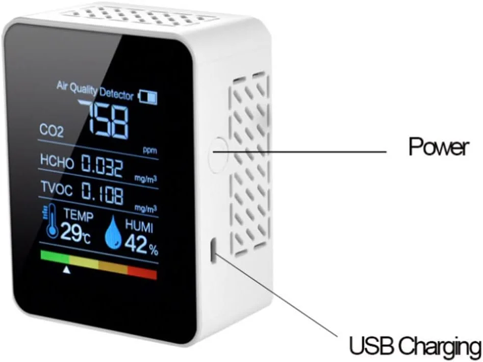 دستگاه تشخیص دی اکسید کربن Bekasa، دستگاه تشخیص کیفیت هوا 5 در 1، دستگاه سنجش CO2 داخلی، مانیتور دیجیتال TVOC HCHO، تستر سنسور دما و رطوبت، صفحه نمایش رنگی با نور پس زمینه برای خانه، دفتر، باشگاه ورزشی (سفید)
