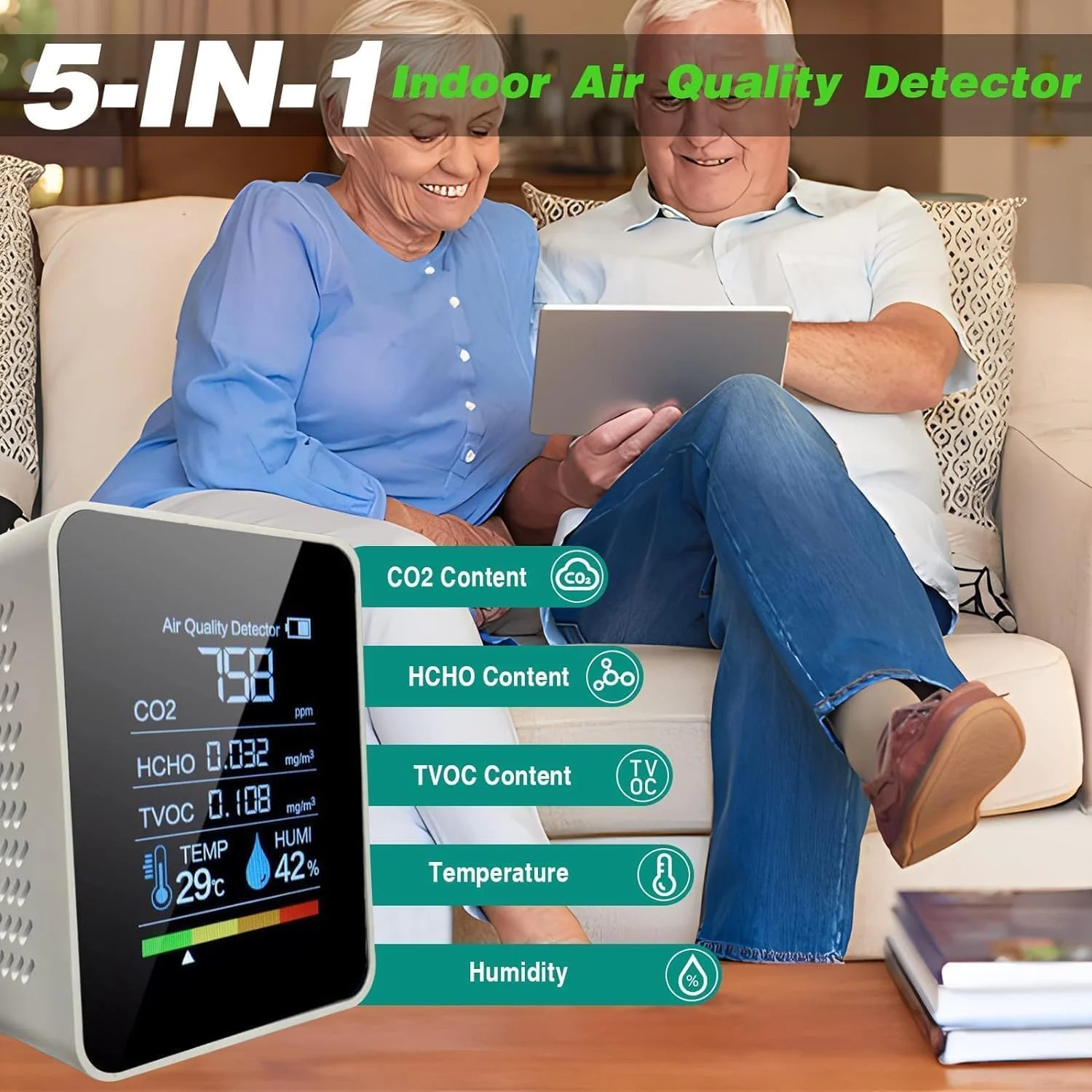دستگاه سنجش کیفیت هوا B-Qtech 5 در 1، تستر کیفیت هوای داخلی CO2/رطوبت/HCHO/TVCC/دما، مانیتور آلودگی هوا برای خانه، اتاق ها، گلخانه ها، دفاتر، اتومبیل ها، بیمارستان ها