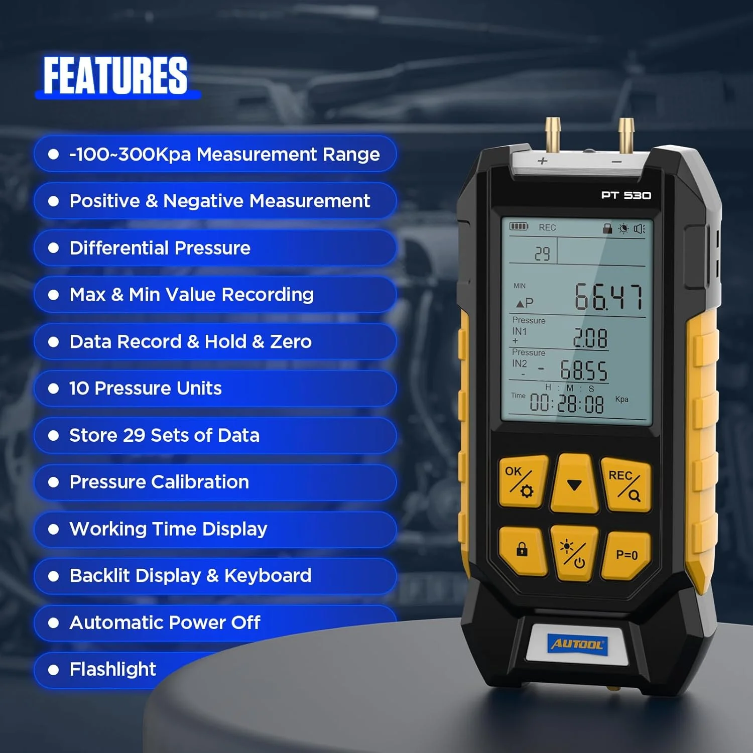 تستِر فشار گاز مانیومتر AUTOOL، HVAC دیجیتال -100 تا 300Kpa، 11 واحد دیفرانسیل دوگانه، قفل و ذخیره داده، پشت مغناطیسی، صفحه نمایش با نور پس زمینه