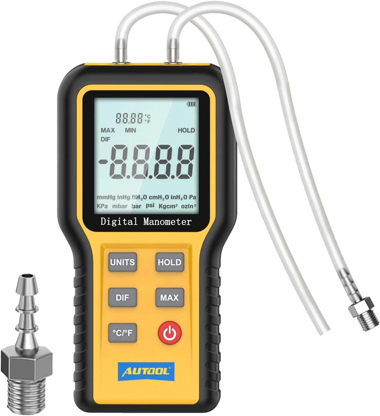 مانومتر دیجیتال AUTOOL، تستر فشار گاز HVAC، دو پورت، دستی، اندازه گیری دما و فشار