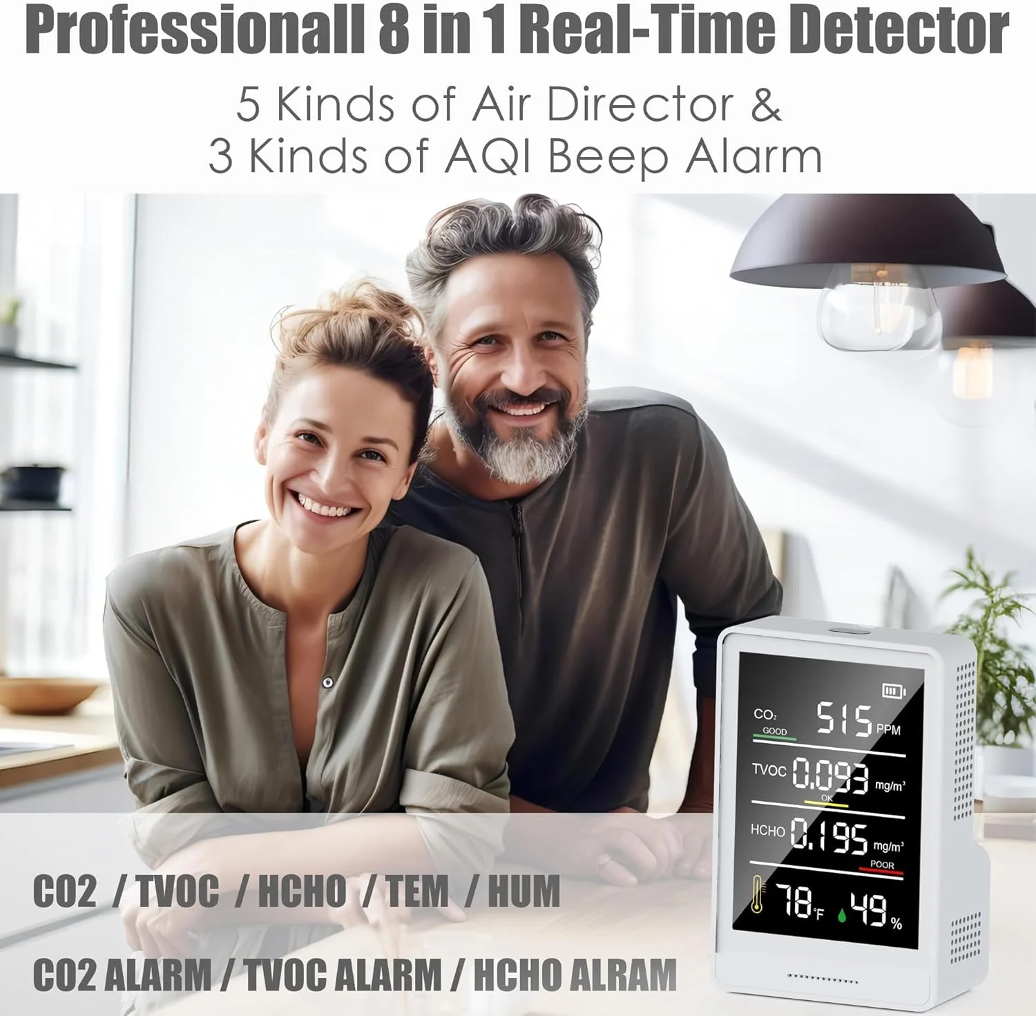 دستگاه سنجش کیفیت هوای داخل خانه AQItech Professional با هشدارهای صوتی AQI، ردیاب 8 در 1 قابل حمل و بلادرنگ برای CO2 | TVOC | HCHO | دما | رطوبت برای خانه، خودرو، گیاهان و حیوانات خانگی (سفید صدفی)