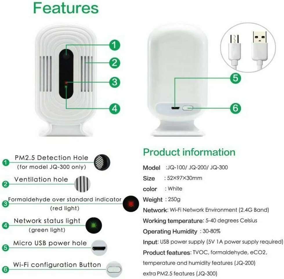 تستر کیفیت هوا Asolym، تشخیص دهنده کپک، گرد و غبار، USB Wifi داخلی برای کیت حالت خانگی، آنالایزر، مانیتور هوشمند PM2.5 HCHO، TVOC و CO2، آنالایزر دما و رطوبت