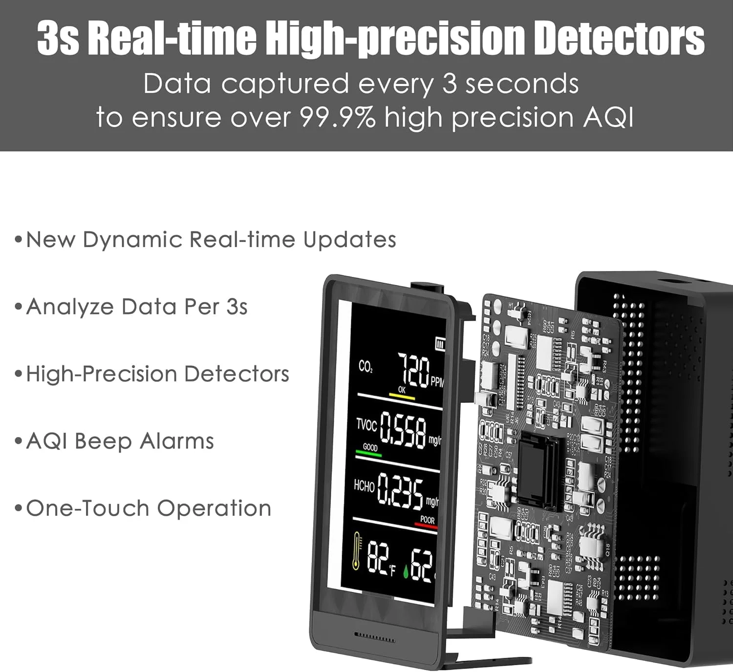 دستگاه سنجش کیفیت هوای داخل خانه AQItech Professional با هشدارهای صوتی AQI، ردیاب 8 در 1 قابل حمل و بلادرنگ برای CO2 | TVOC | HCHO | دما | رطوبت برای خانه، خودرو، گیاهان و حیوانات خانگی (سفید صدفی)