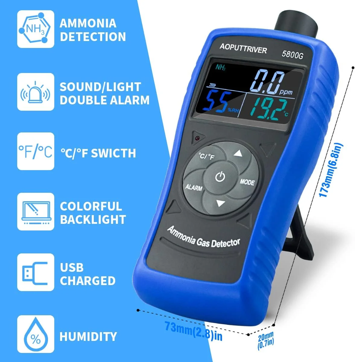 دستگاه تشخیص گاز آمونیاک AOPUTTRIVER AP-5800G، دستگاه حرفه ای تشخیص ذرات معلق برای صنعت، خانه، کارخانه، کیفیت تصفیه هوا، دکوراسیون، محیط زیست