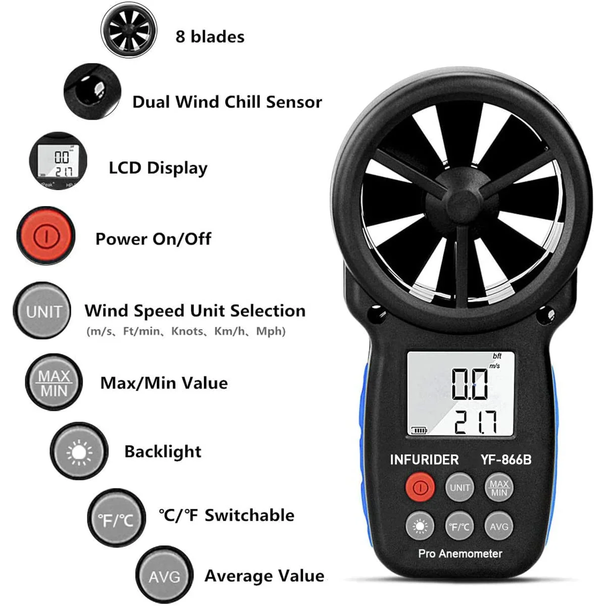 بادسنج دستی، سرعت سنج دیجیتال بادسنج با قابلیت اندازه گیری سرعت و دمای باد، تست جریان هوای سنج باد برای پهپاد تیراندازی HVAC CFM (INFURIDER YF-866B)
