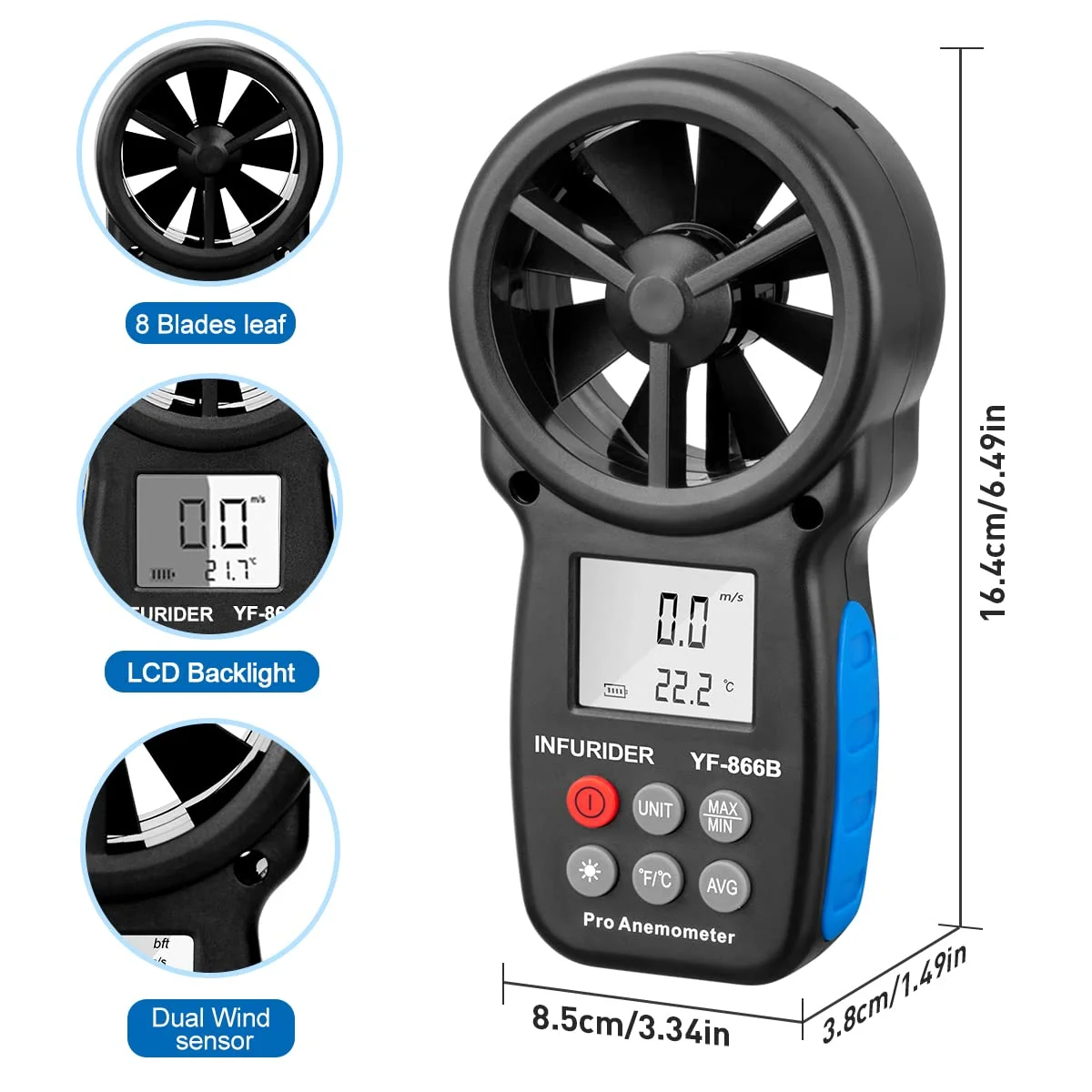 بادسنج دستی، سرعت سنج دیجیتال بادسنج با قابلیت اندازه گیری سرعت و دمای باد، تست جریان هوای سنج باد برای پهپاد تیراندازی HVAC CFM (INFURIDER YF-866B)