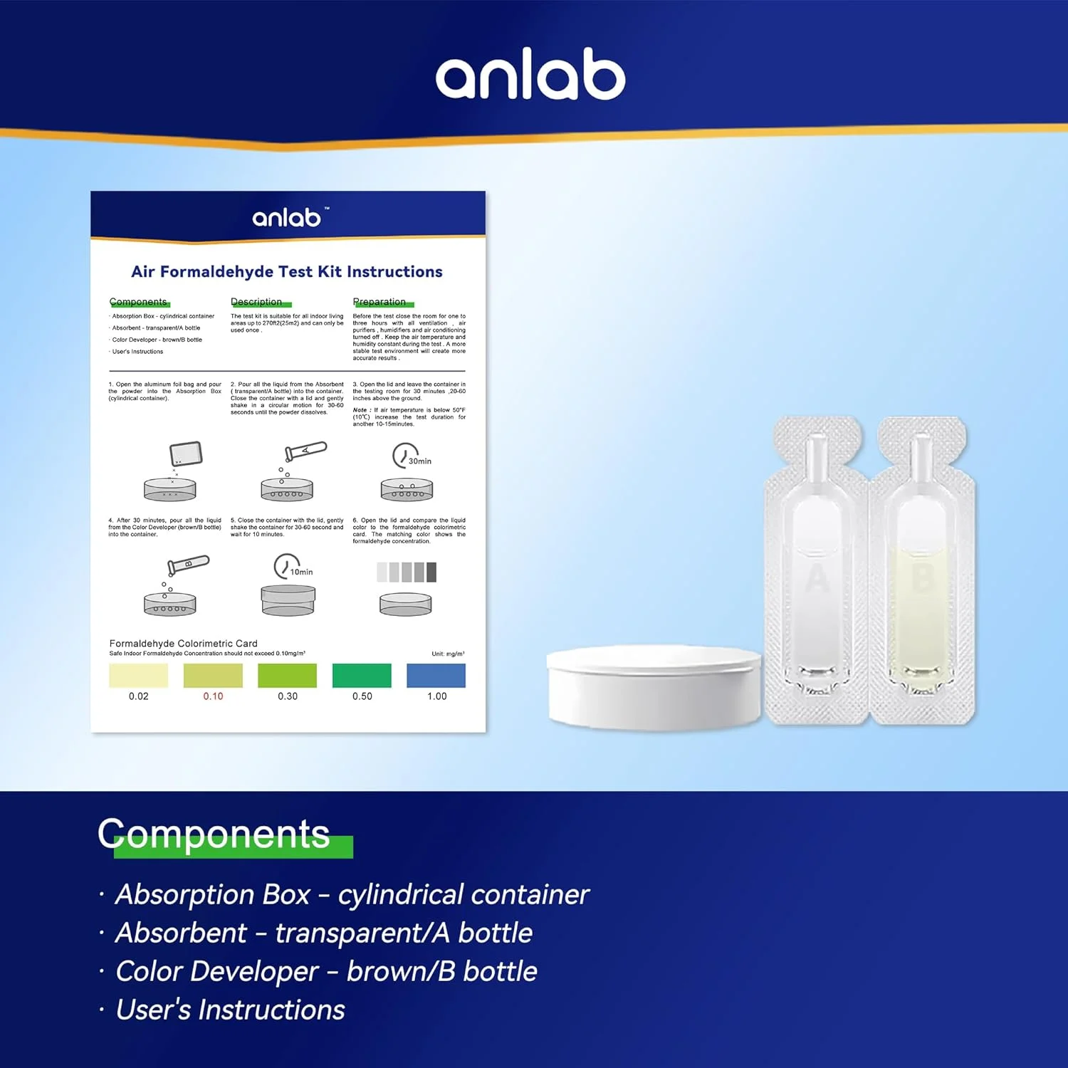 کیت تست فرمالدئید (HCHO) هوا anlab™ - مورد استفاده برای تست کیفیت هوا، آشکارساز مورد استفاده برای خانه، مسکونی، تجاری، هتل، بیمارستان، مدرسه، مبلمان، خودرو (3 عدد)