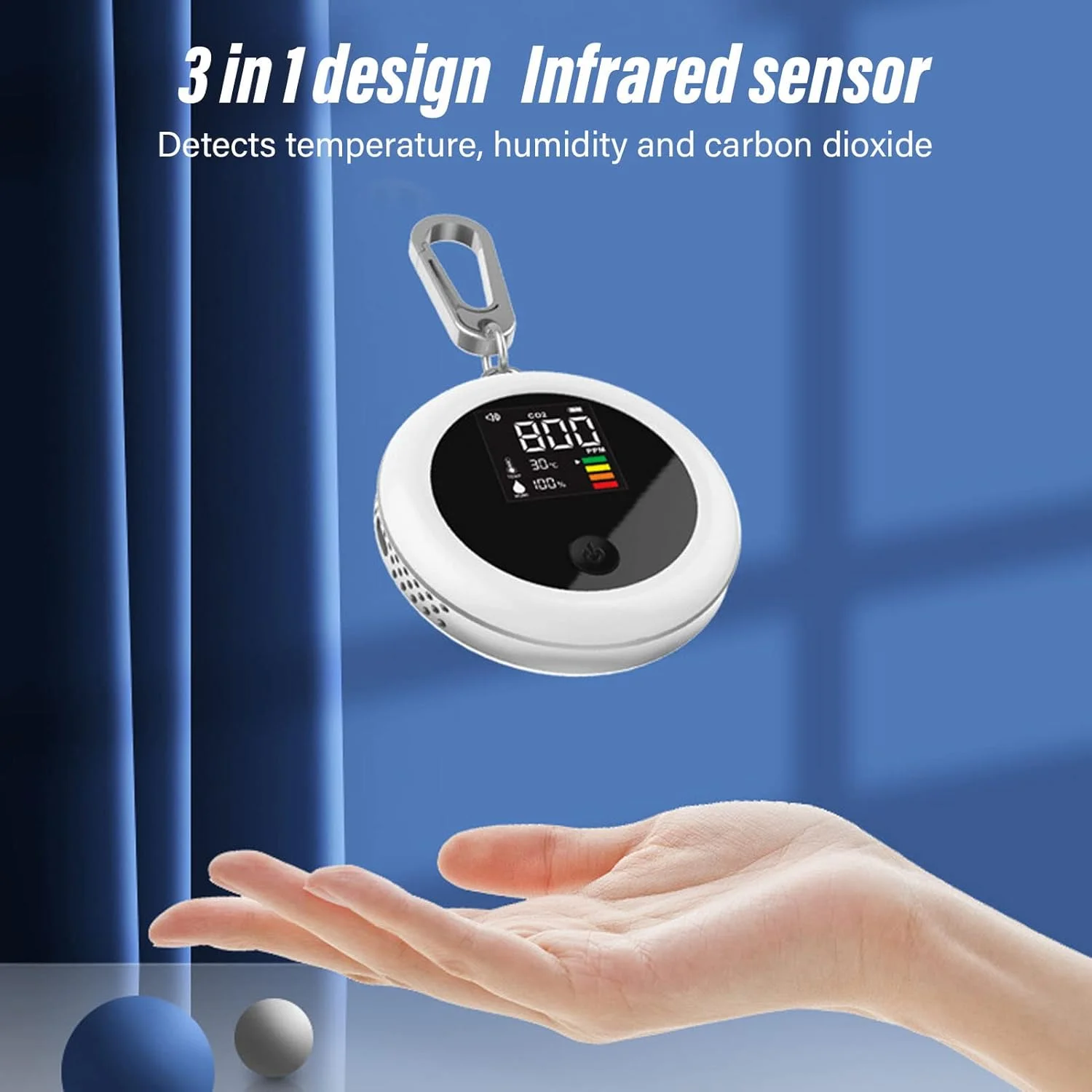 آنالیزور هوا، دستگاه قابل حمل 3 در 1 با LCD برای سنجش دما، رطوبت و کیفیت هوای داخل ساختمان، تجهیزات تست میزان تهویه هوا