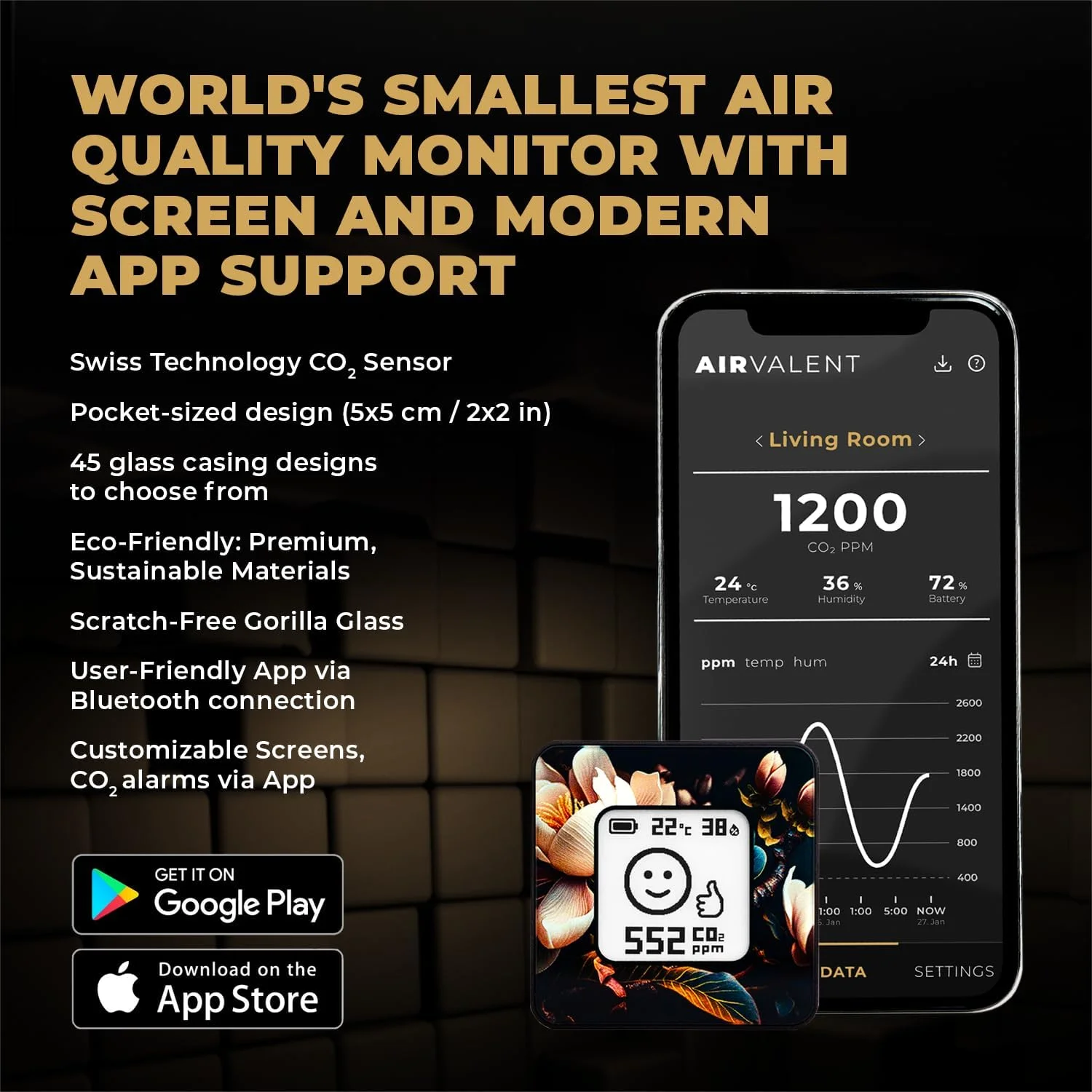 مانیتور کیفیت هوای بی سیم، قابل حمل و آلومینیومی ایروالنت (CO2، رطوبت نسبی، دما) طراحی منحصر به فرد، سنسور، اندازه جیبی (سفید)