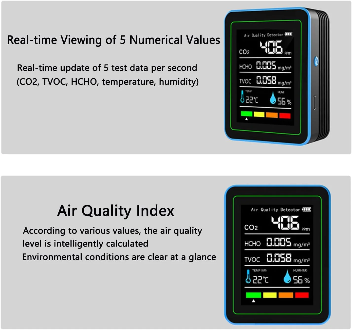 دستگاه سنجش کیفیت هوای داخلی: سنسور دما و رطوبت با قابلیت تشخیص CO2، TVOC، HCHO، دستگاه تشخیص حرفه ای قابل حمل، دستگاه سنجش کیفیت هوا 5 در 1 برای خانه، دفتر، مدرسه، هتل