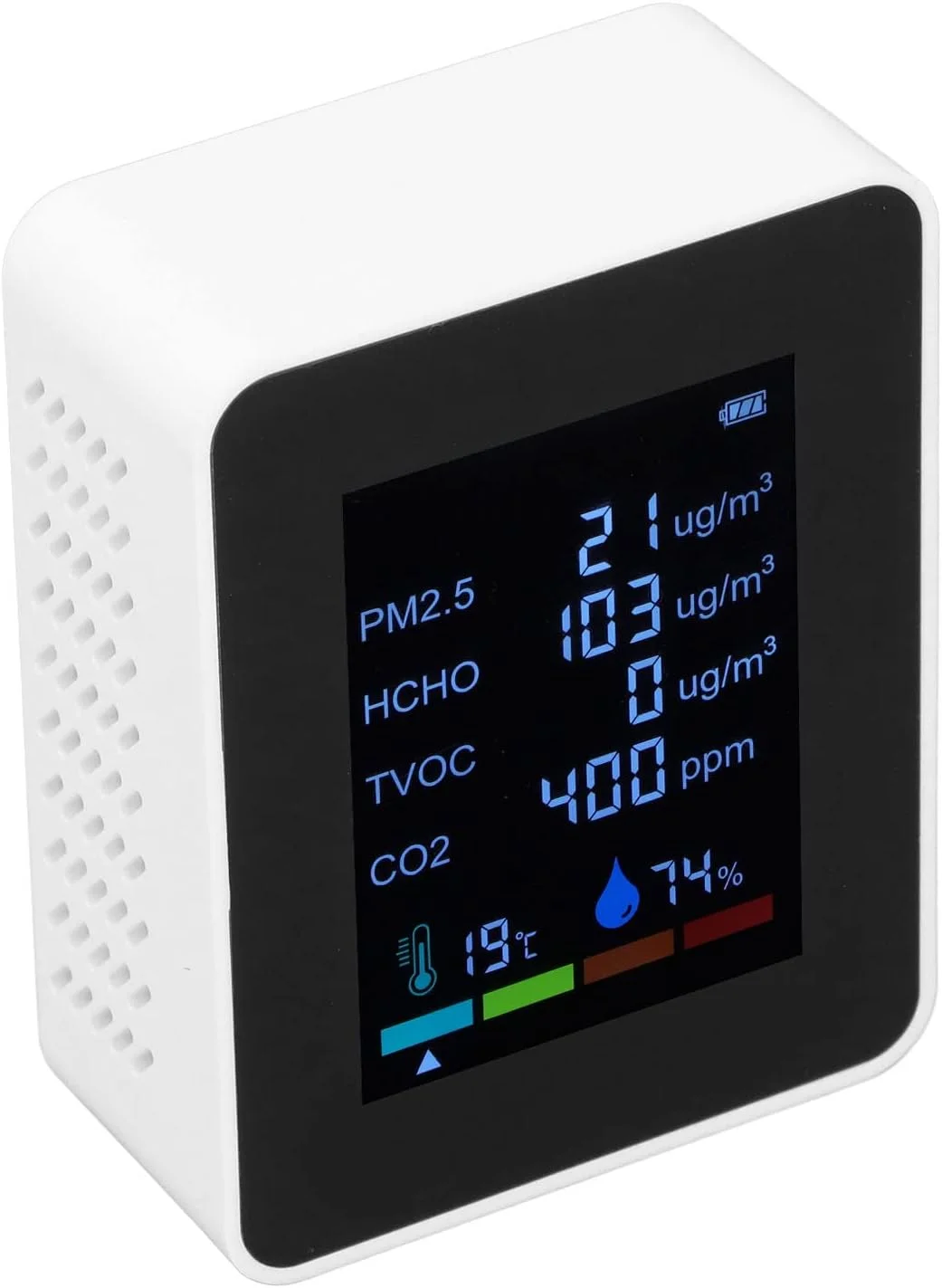 دستگاه سنجش کیفیت هوا 6 در 1: سنسور PM2.5 و CO2، قابل شارژ با USB، دارای باتری داخلی، رنگ سفید