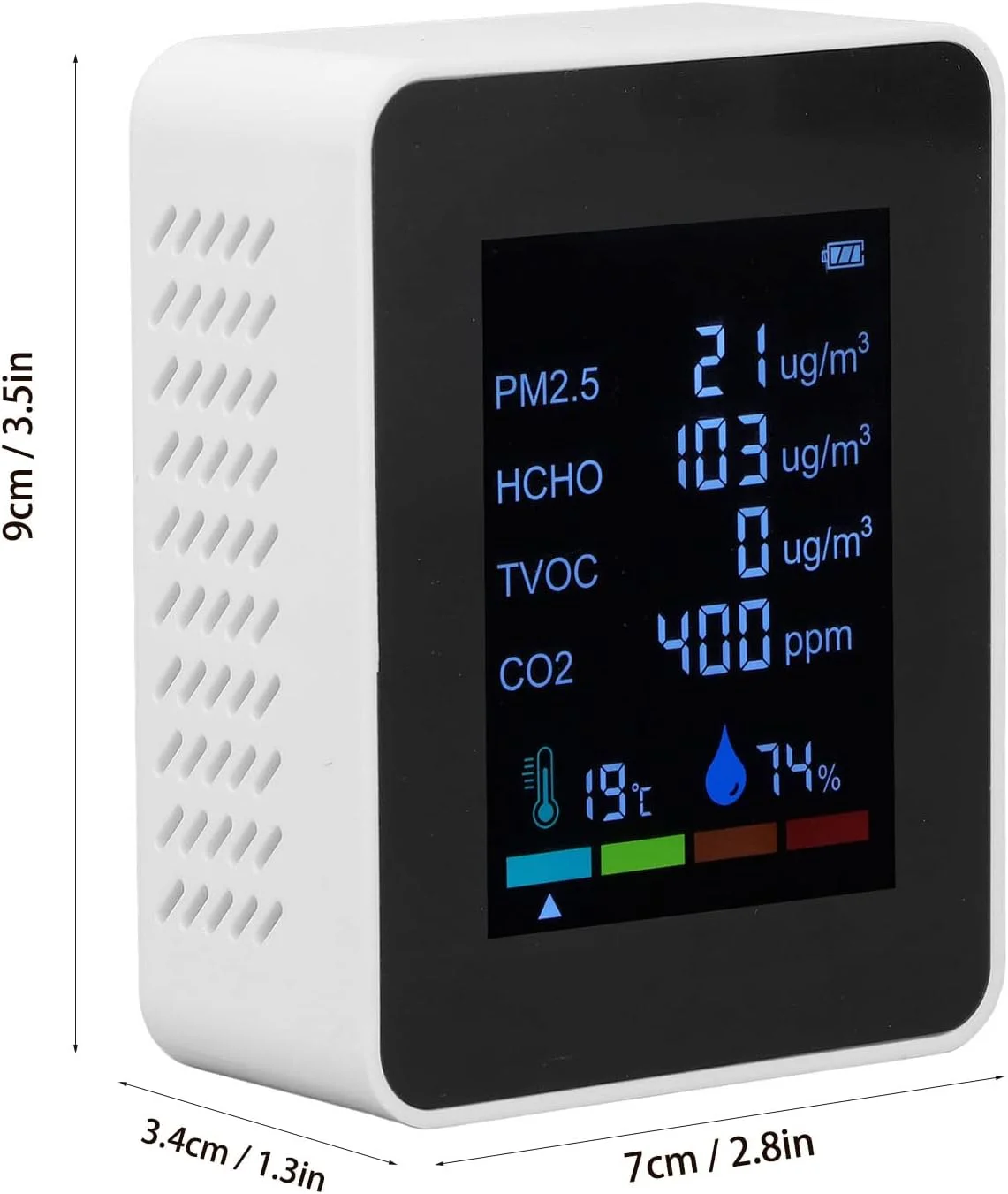 دستگاه سنجش کیفیت هوا 6 در 1: سنسور PM2.5 و CO2، قابل شارژ با USB، دارای باتری داخلی، رنگ سفید