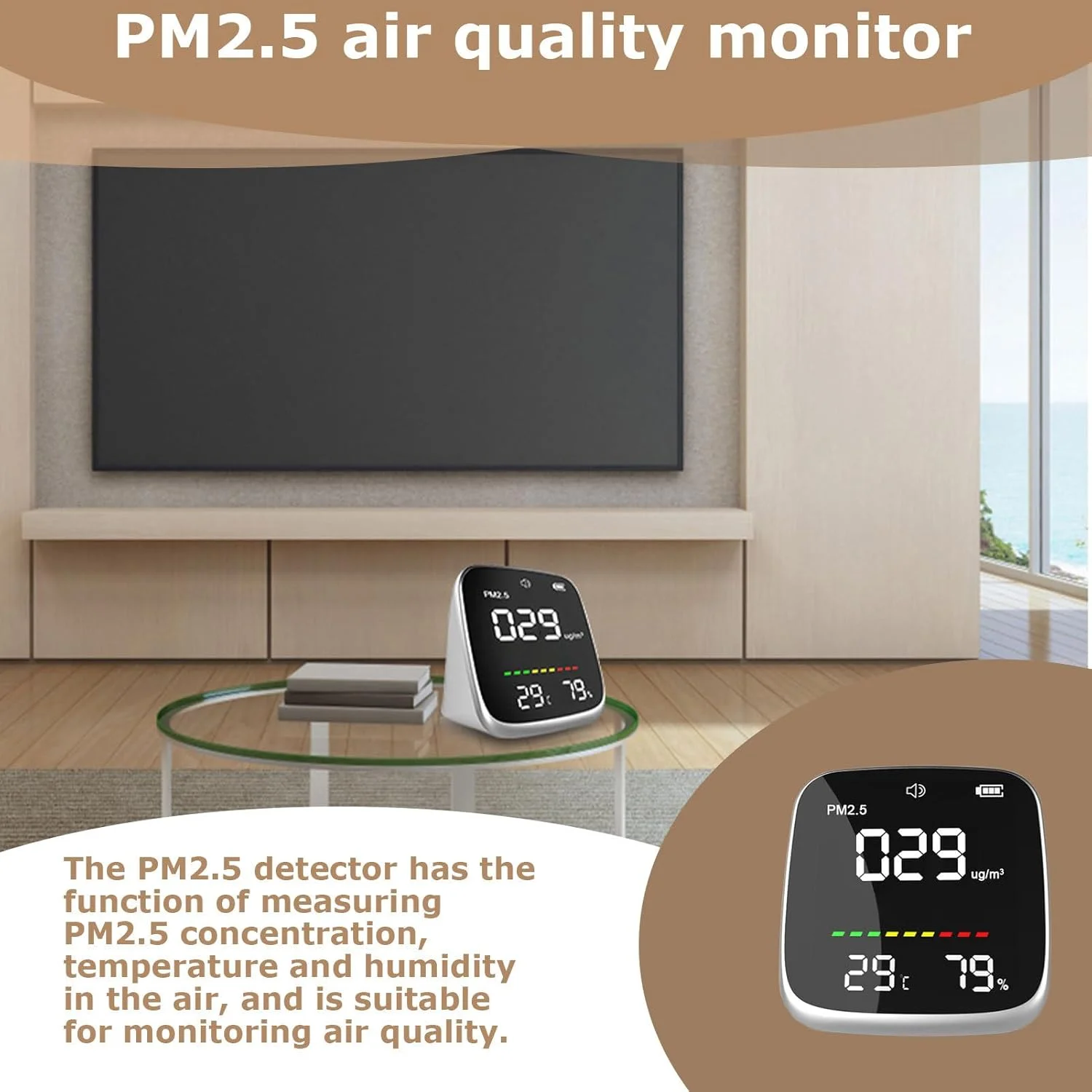 تستر هوا برای خانه - دستگاه سنجش کیفیت هوا قابل شارژ، PM2.5، دما و رطوبت با صفحه نمایش دیجیتال LED برای خانه و مدرسه