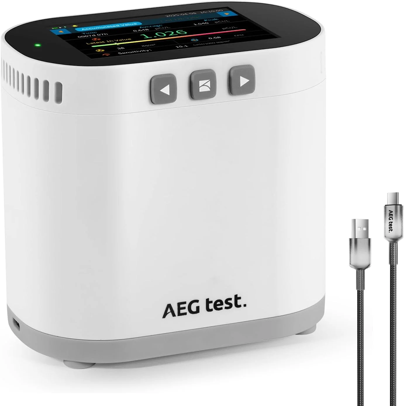 دستگاه رادون سنج AEGTEST HOUND-3786 با صفحه نمایش بزرگ، باتری قابل شارژ، هشدارهای دیداری و شنیداری، خروجی PDF، داده های بلند مدت - سفید