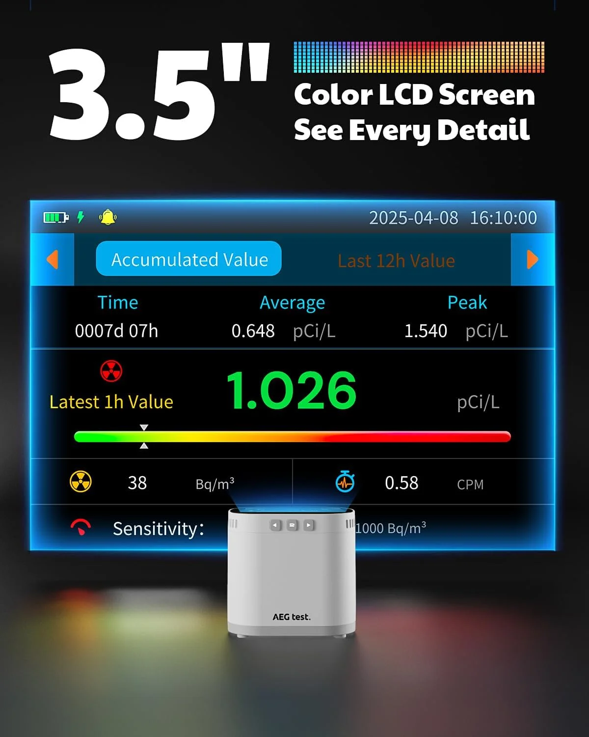 دستگاه رادون سنج AEGTEST HOUND-3786 با صفحه نمایش بزرگ، باتری قابل شارژ، هشدارهای دیداری و شنیداری، خروجی PDF، داده های بلند مدت - سفید