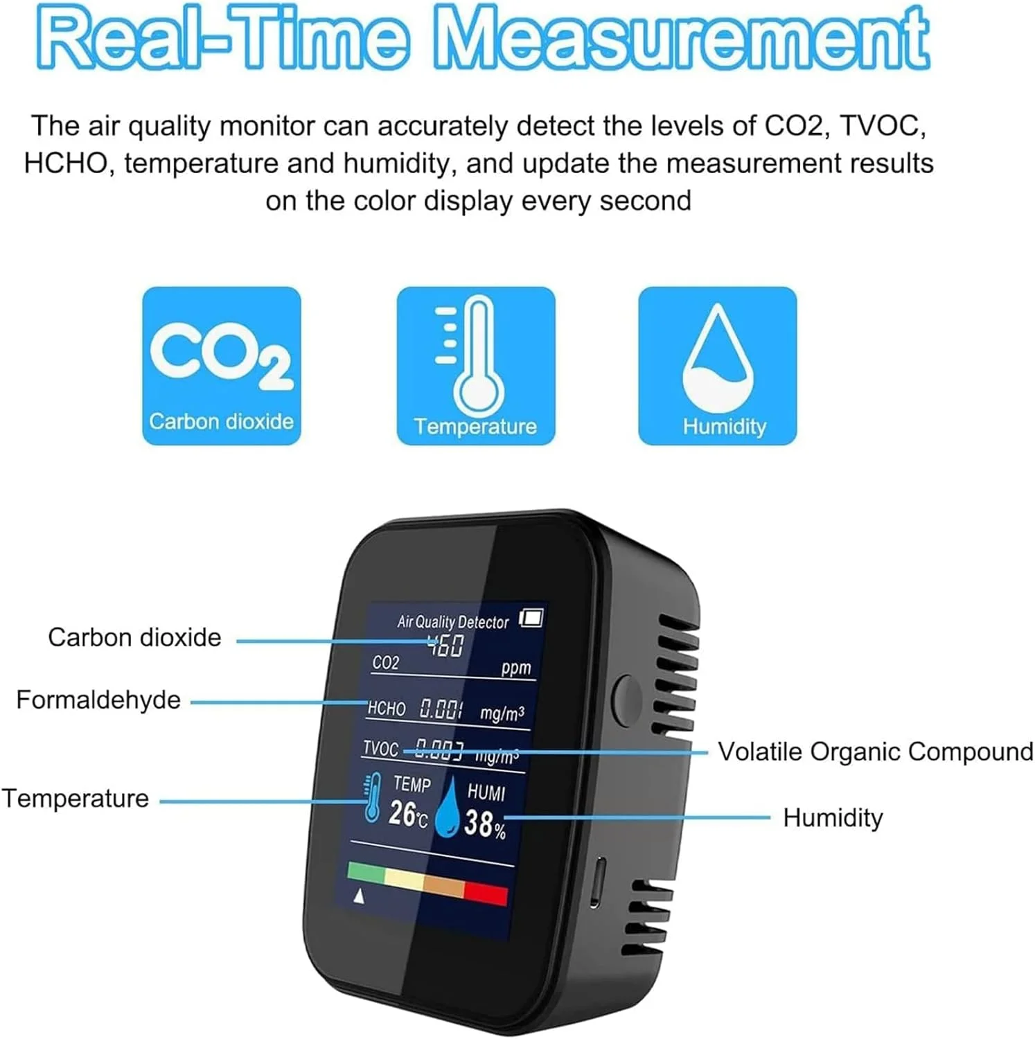 دستگاه تشخیص دی اکسید کربن 5 در 1 ADORZ، دستگاه اندازه گیری کیفیت هوای داخل ساختمان، با سیستم هشدار غلظت بیش از حد CO2، رطوبت سنج قابل حمل، برای دفتر، خانه، رستوران.