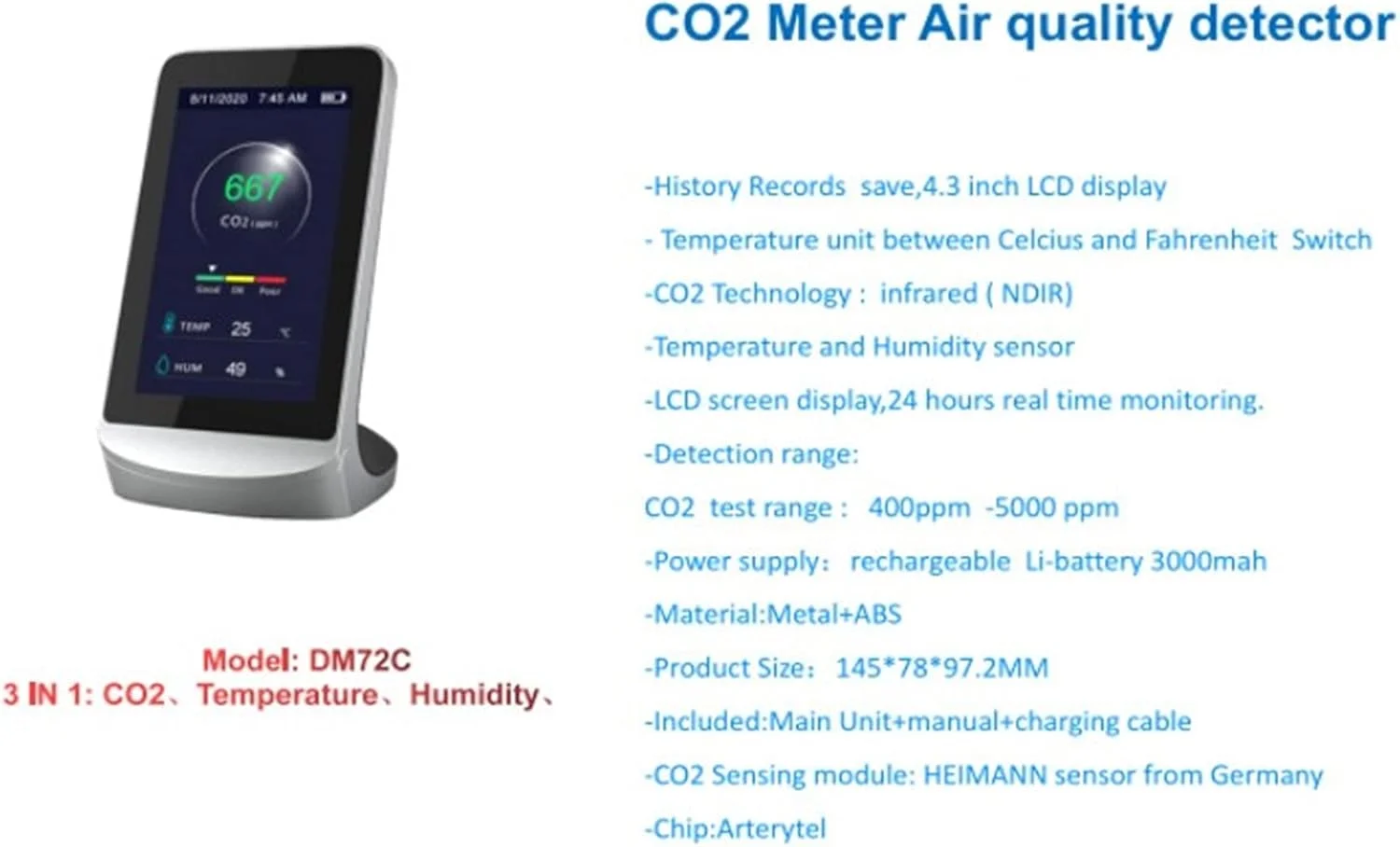 دستگاه تشخیص دی اکسید کربن Adinas، دستگاه CO2، دستگاه تشخیص دما و رطوبت داخلی و خارجی