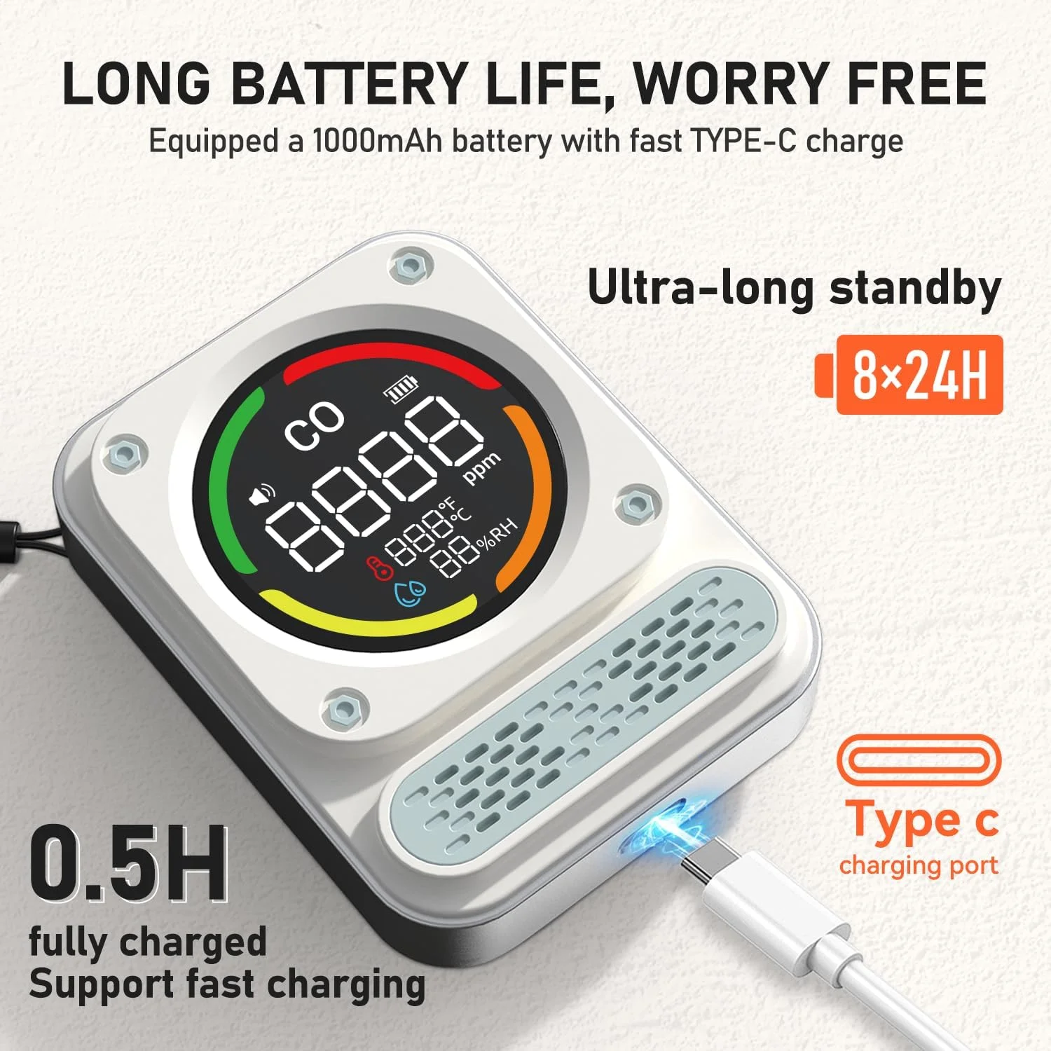 آشکارساز مونوکسید کربن قابل حمل، دتکتور مونوکسید کربن 3 در 1 قابل شارژ با عمر سنسور 10 ساله، 200 ساعت زمان کار برای مسافرت و کمپینگ، چادر، RV، خانه، آشپزخانه