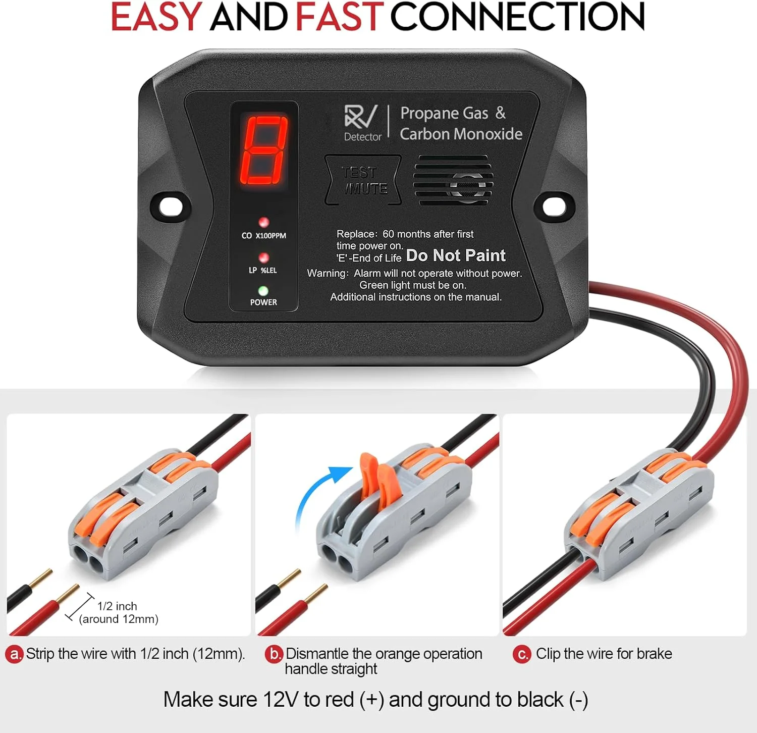 آشکارساز گاز پروپان RV Protectmeter، آشکارسازهای مونوکسید کربن و پروپان RV، 12 ولت DC، سازگار با 3 براکت با تمام برندهای دیگر، نصب همسطح و سطحی، رنگ مشکی
