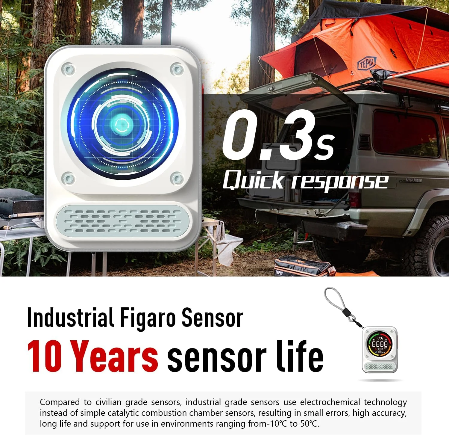 آشکارساز مونوکسید کربن قابل حمل، دتکتور مونوکسید کربن 3 در 1 قابل شارژ با عمر سنسور 10 ساله، 200 ساعت زمان کار برای مسافرت و کمپینگ، چادر، RV، خانه، آشپزخانه