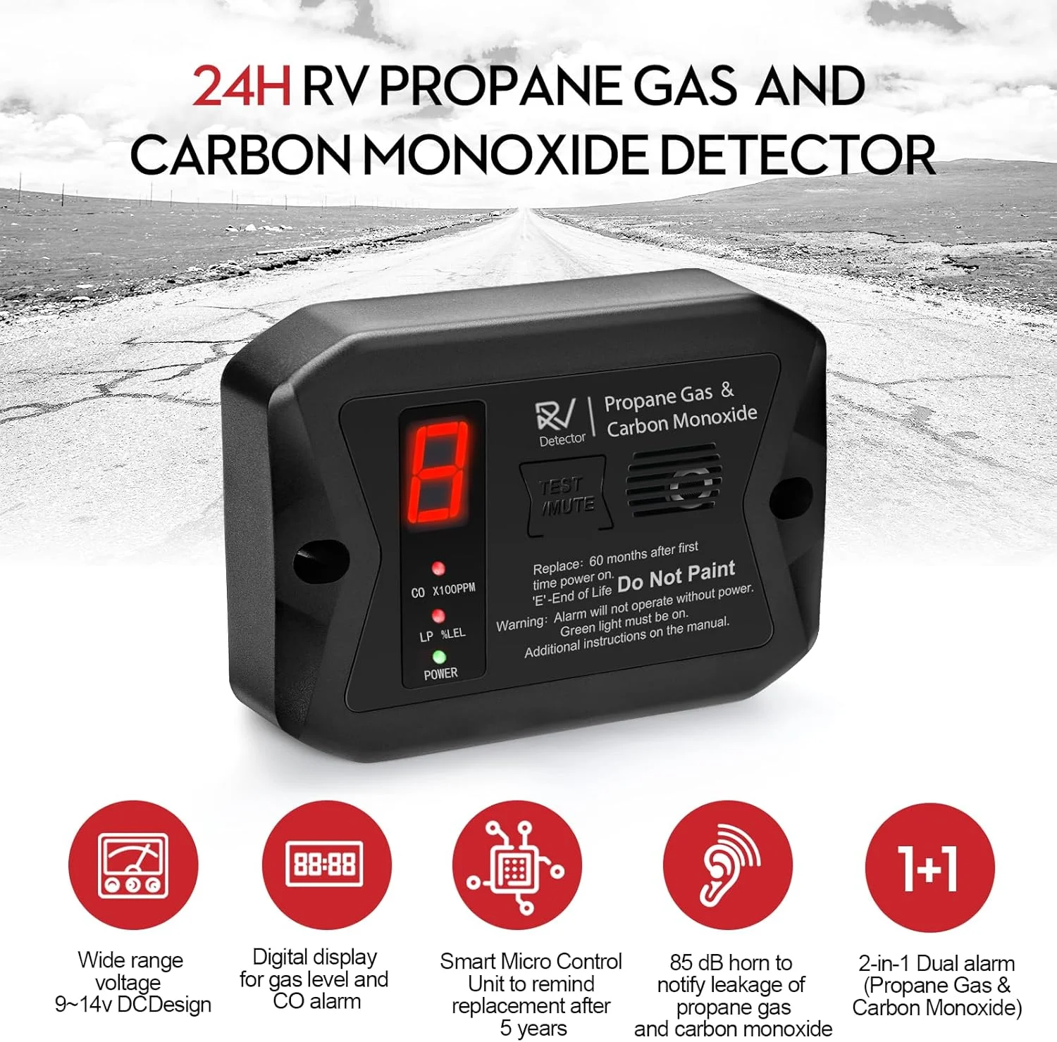 آشکارساز گاز پروپان RV Protectmeter، آشکارسازهای مونوکسید کربن و پروپان RV، 12 ولت DC، سازگار با 3 براکت با تمام برندهای دیگر، نصب همسطح و سطحی، رنگ مشکی