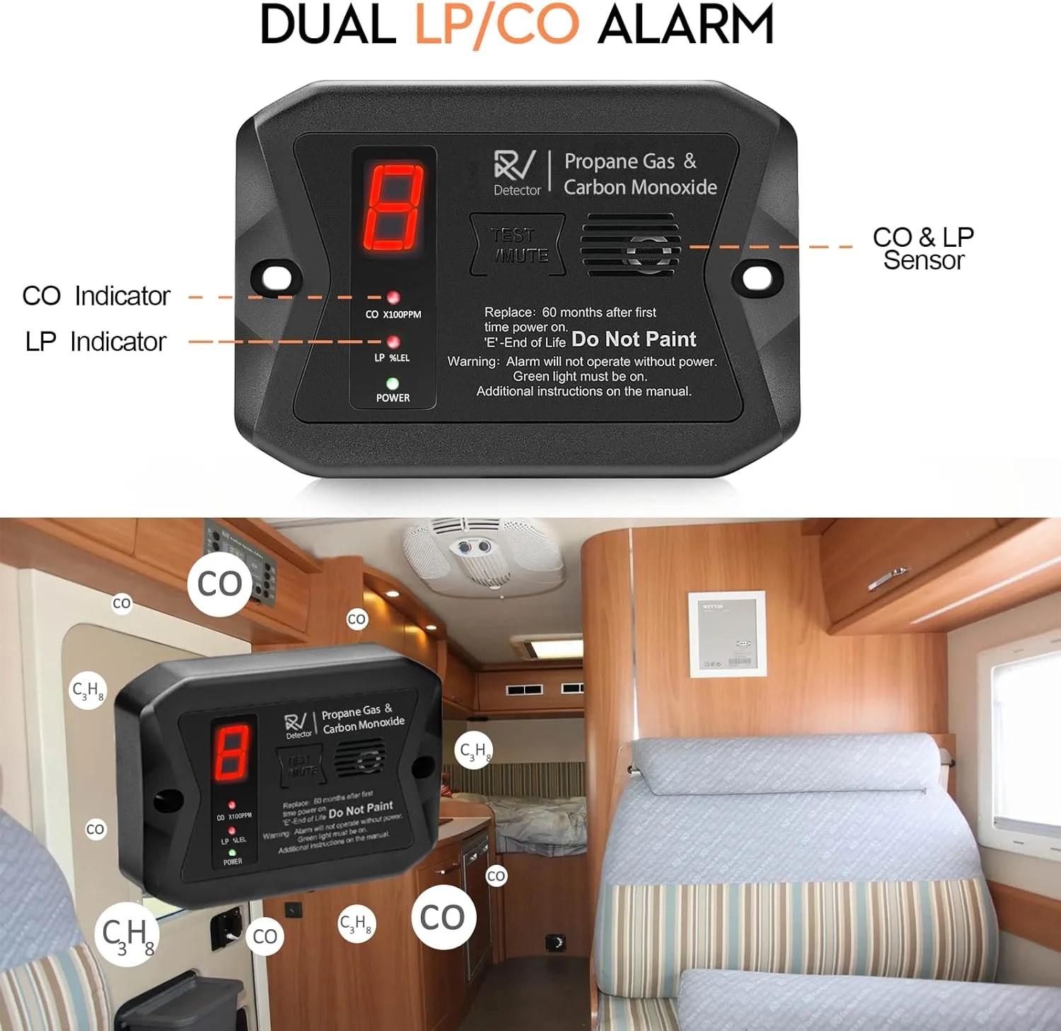 آشکارساز گاز پروپان RV Protectmeter، آشکارسازهای مونوکسید کربن و پروپان RV، 12 ولت DC، سازگار با 3 براکت با تمام برندهای دیگر، نصب همسطح و سطحی، رنگ مشکی