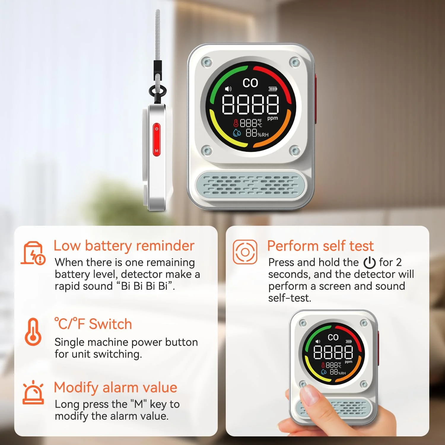 آشکارساز مونوکسید کربن قابل حمل، دتکتور مونوکسید کربن 3 در 1 قابل شارژ با عمر سنسور 10 ساله، 200 ساعت زمان کار برای مسافرت و کمپینگ، چادر، RV، خانه، آشپزخانه