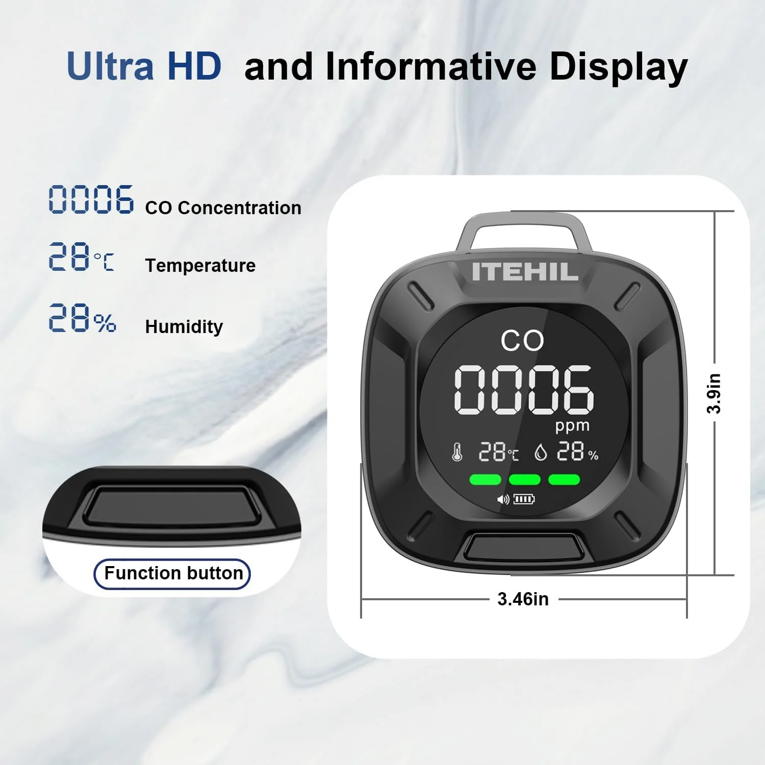 آشکارساز مونوکسید کربن قابل حمل، مینی آشکارساز 3 در 1 CO برای مسافرت و کمپینگ، آشکارساز مونوکسید کربن کمپینگ برای خودروهای RV