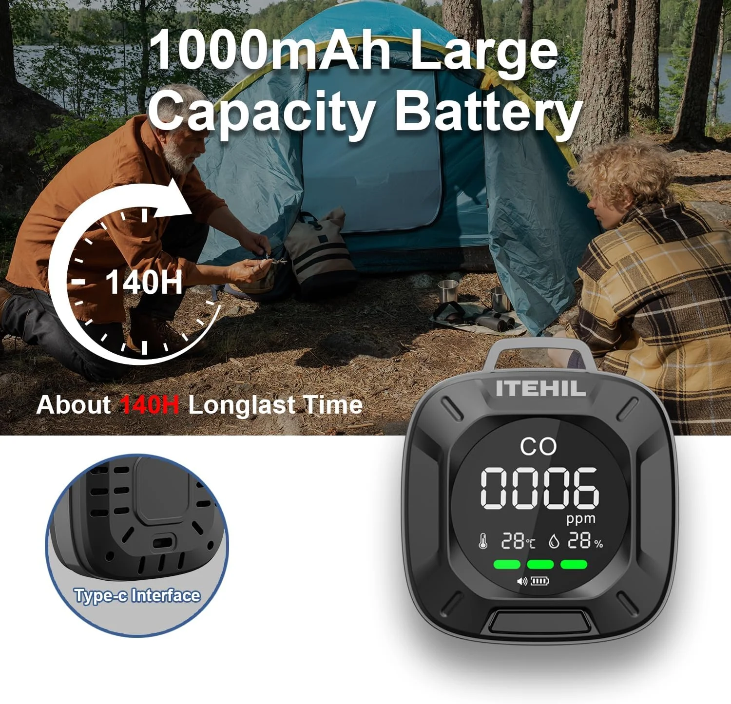 آشکارساز مونوکسید کربن قابل حمل، مینی آشکارساز 3 در 1 CO برای مسافرت و کمپینگ، آشکارساز مونوکسید کربن کمپینگ برای خودروهای RV
