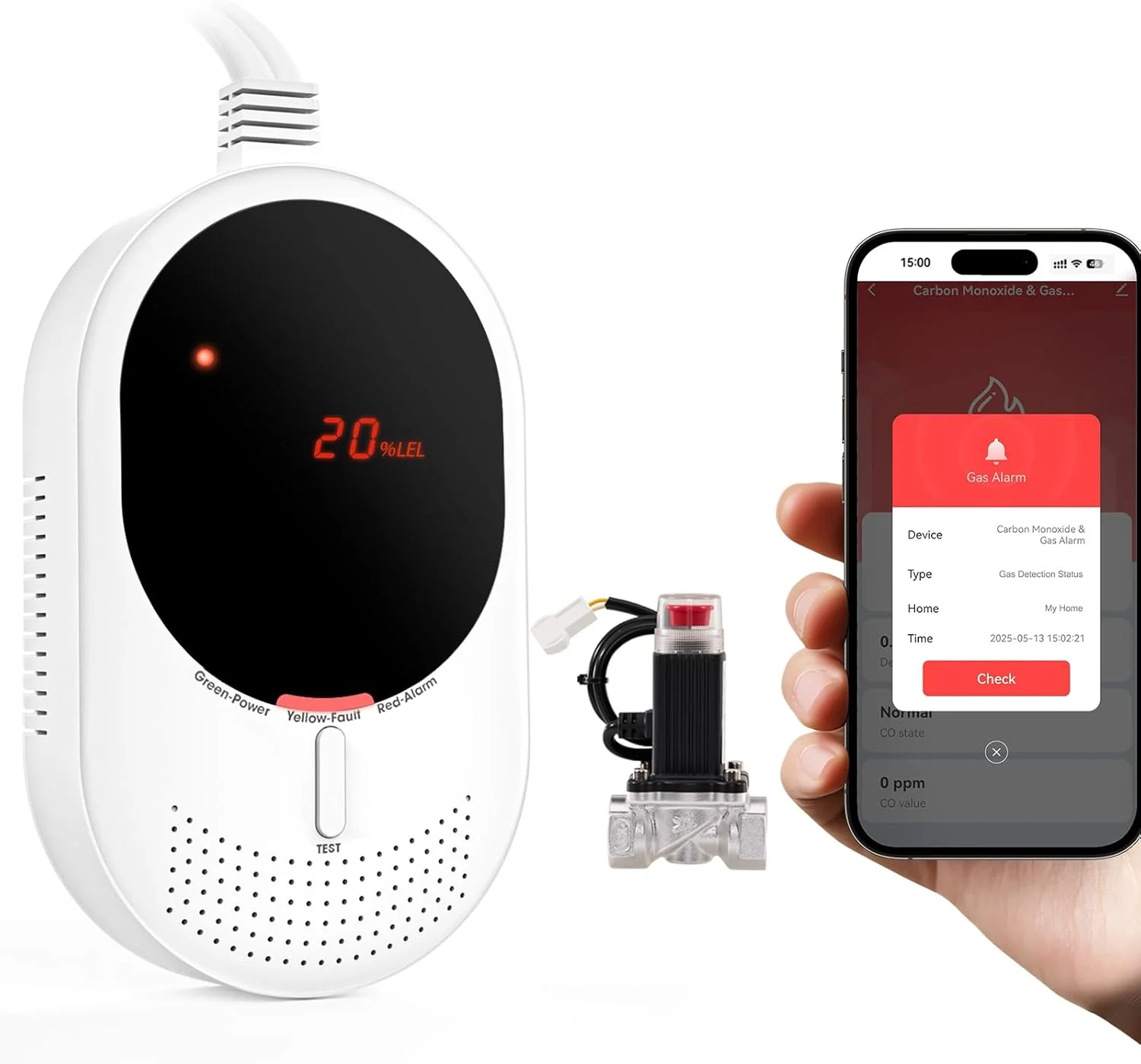 آشکارساز گاز و مونوکسید کربن وای فای PHYSEN با شیر برقی و نمایشگر LED، نظارت از طریق برنامه Smart Life، دارای گواهینامه EN50291 و EN50194، ایده آل برای آشپزخانه، اتاق دیگ بخار، گاراژ