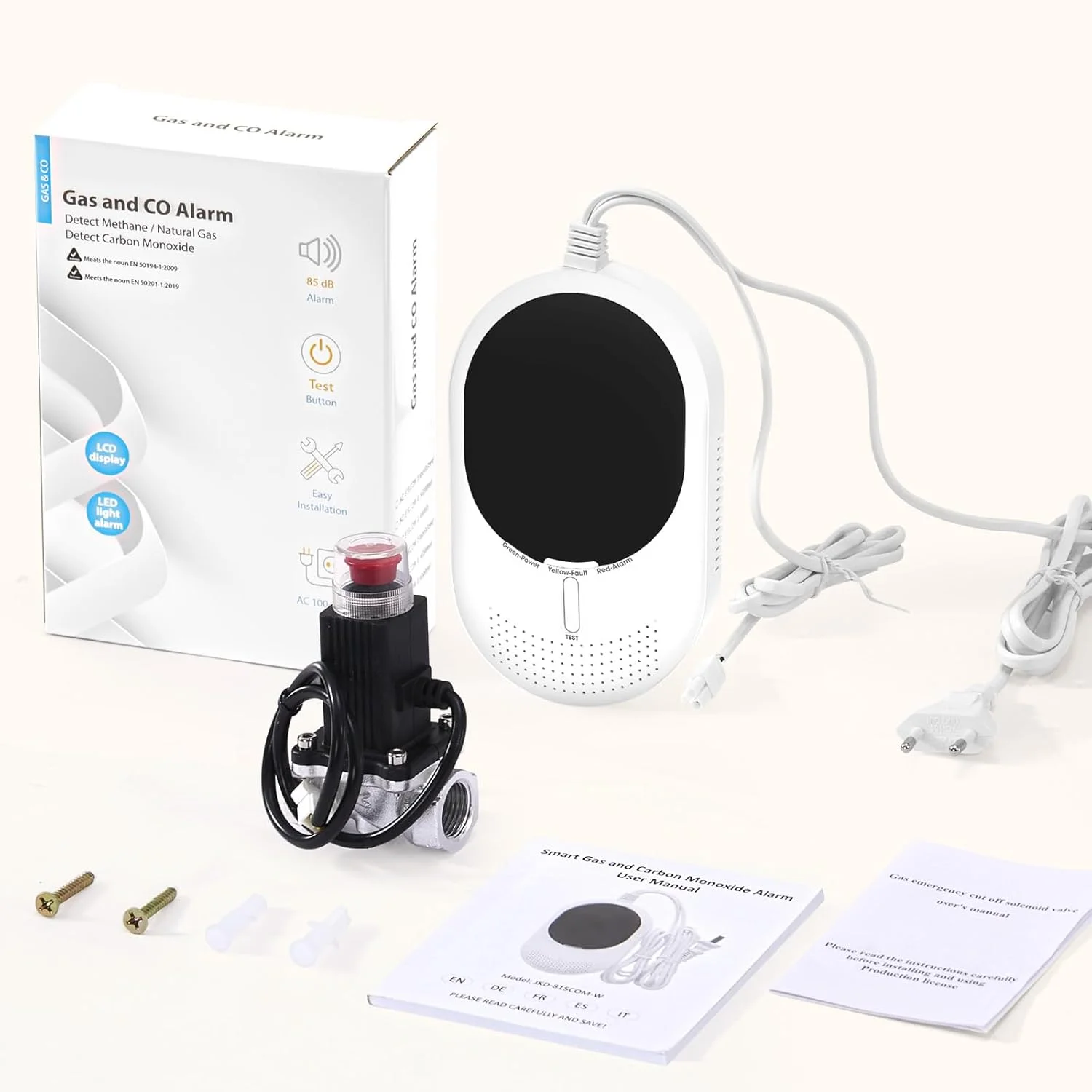 آشکارساز گاز و مونوکسید کربن وای فای PHYSEN با شیر برقی و نمایشگر LED، نظارت از طریق برنامه Smart Life، دارای گواهینامه EN50291 و EN50194، ایده آل برای آشپزخانه، اتاق دیگ بخار، گاراژ