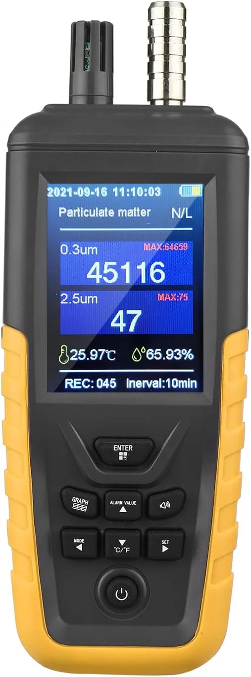 ذره سنج گرد و غبار 3 کاناله 0.3um/ 2.5um/ 10um PM2.5 PM10 با صفحه نمایش رنگی 3.2 اینچی TFT با نور پس زمینه، تستر کیفیت هوا قابل شارژ، مانیتور دما و رطوبت برای خانه، دفتر، صنعت
