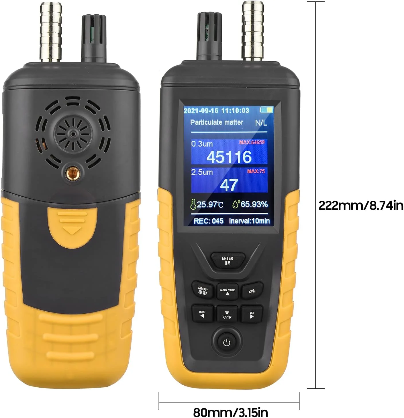 ذره سنج گرد و غبار 3 کاناله 0.3um/ 2.5um/ 10um PM2.5 PM10 با صفحه نمایش رنگی 3.2 اینچی TFT با نور پس زمینه، تستر کیفیت هوا قابل شارژ، مانیتور دما و رطوبت برای خانه، دفتر، صنعت