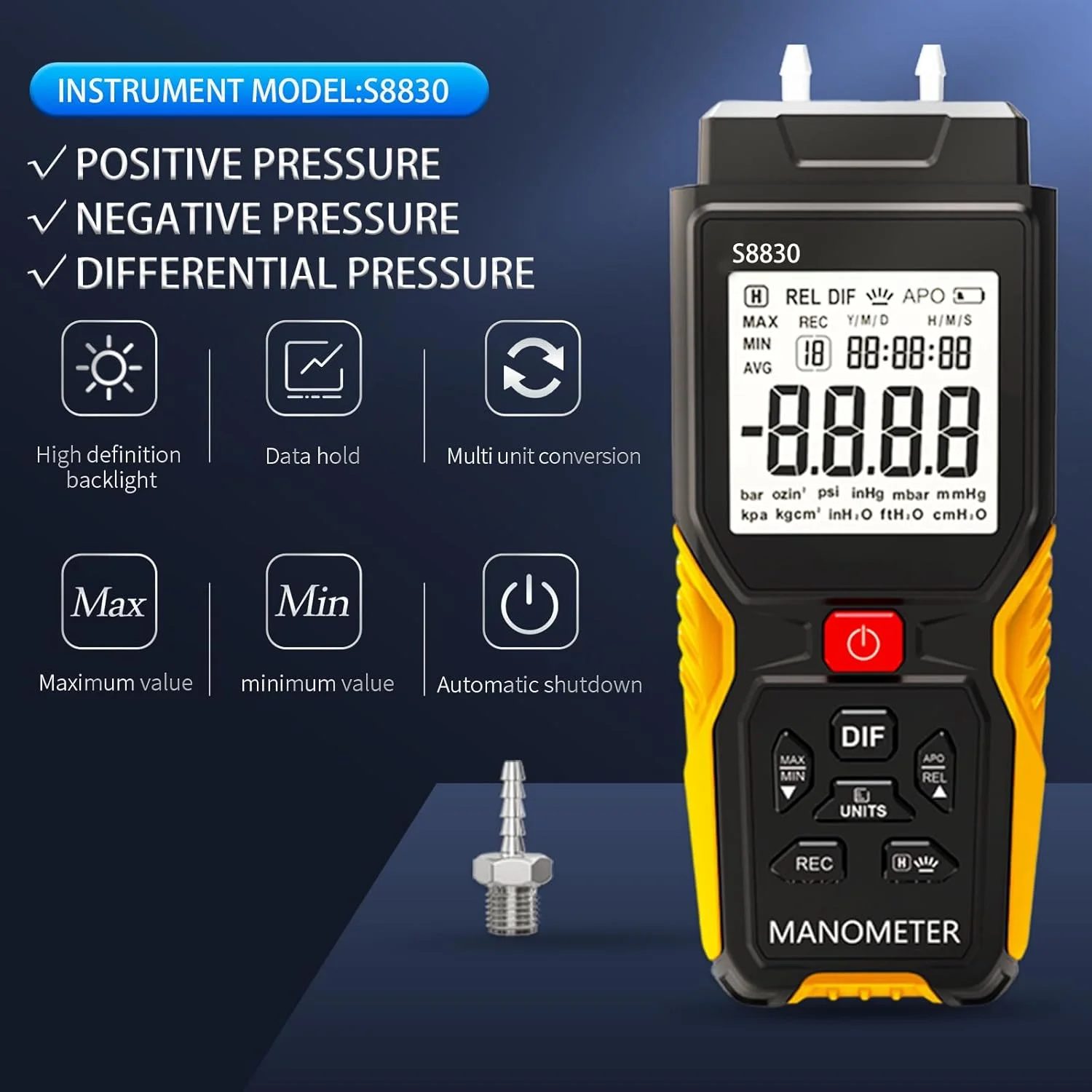 فشارسنج دیجیتال هوا، +/-36.80kPa 147.7inH20 مانومتر دو پورت، گیج فشار دیفرانسیل برای سیستم های تهویه مطبوع، کانال های تهویه، HVAC، تستر فشار گاز فشارسنج دیجیتال هوا، +/-36.80kPa 147.7inH20 مانومتر دو پورت، گیج فشار دیفرانسیل برای سیستم های تهویه مطبوع، کانال های تهویه، HVAC، تستر فشار گاز