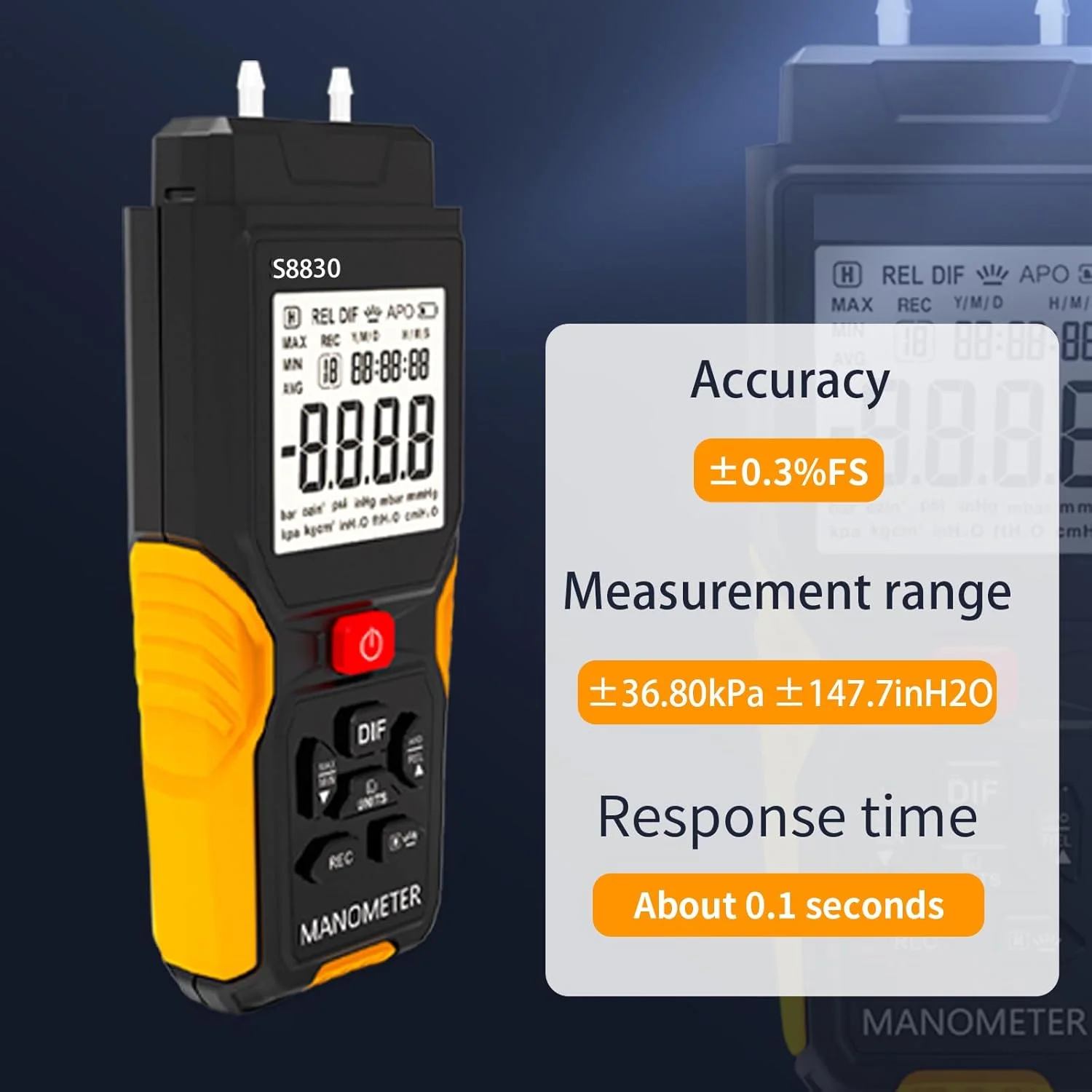 فشارسنج دیجیتال هوا، +/-36.80kPa 147.7inH20 مانومتر دو پورت، گیج فشار دیفرانسیل برای سیستم های تهویه مطبوع، کانال های تهویه، HVAC، تستر فشار گاز فشارسنج دیجیتال هوا، +/-36.80kPa 147.7inH20 مانومتر دو پورت، گیج فشار دیفرانسیل برای سیستم های تهویه مطبوع، کانال های تهویه، HVAC، تستر فشار گاز