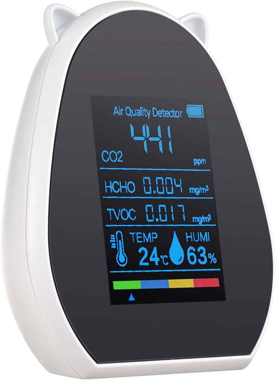 دستگاه سنجش کیفیت هوا 2.9 اینچی، متر CO2، دماسنج و رطوبت سنج قابل شارژ USB، آشکارساز TVOC/HCHO/CO2، ردیاب غلظت CO2 برای خانه و اداره