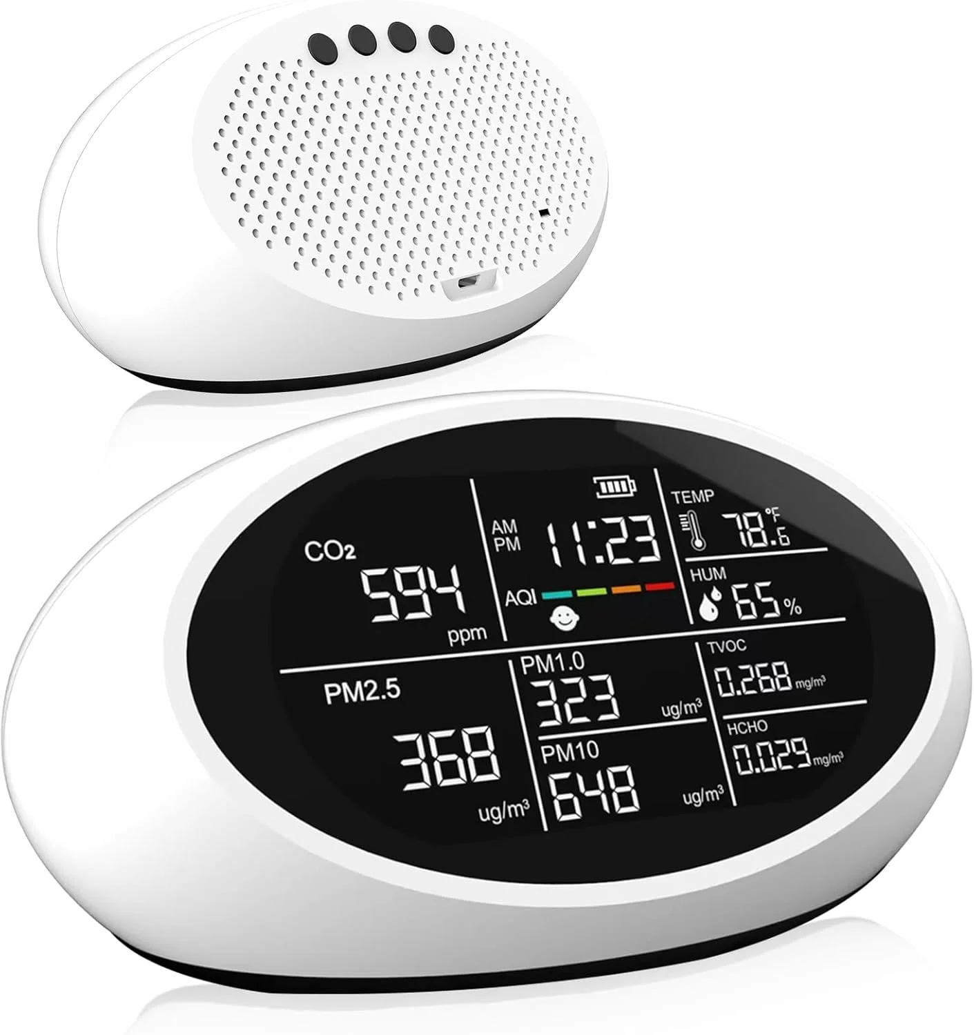 دستگاه سنجش کیفیت هوا 12 در 1 داخل خانه - دستگاه قابل حمل برای اندازه گیری CO2، TVOC، PM1.0/PM2.5/PM10، دما، رطوبت و نمایش زمان، دقت بالای دو تراشه ای با آلارم CO2 و نمایشگر AQI با شکلک خندان برای خانه